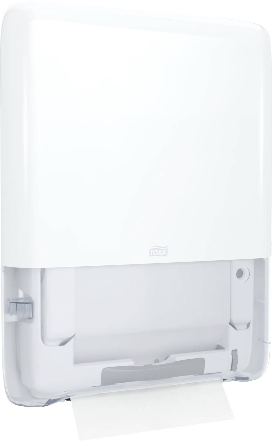 Papierhandtuchspender mit einem herausragenden Papierblatt, bereit zur Verwendung in Waschräumen.