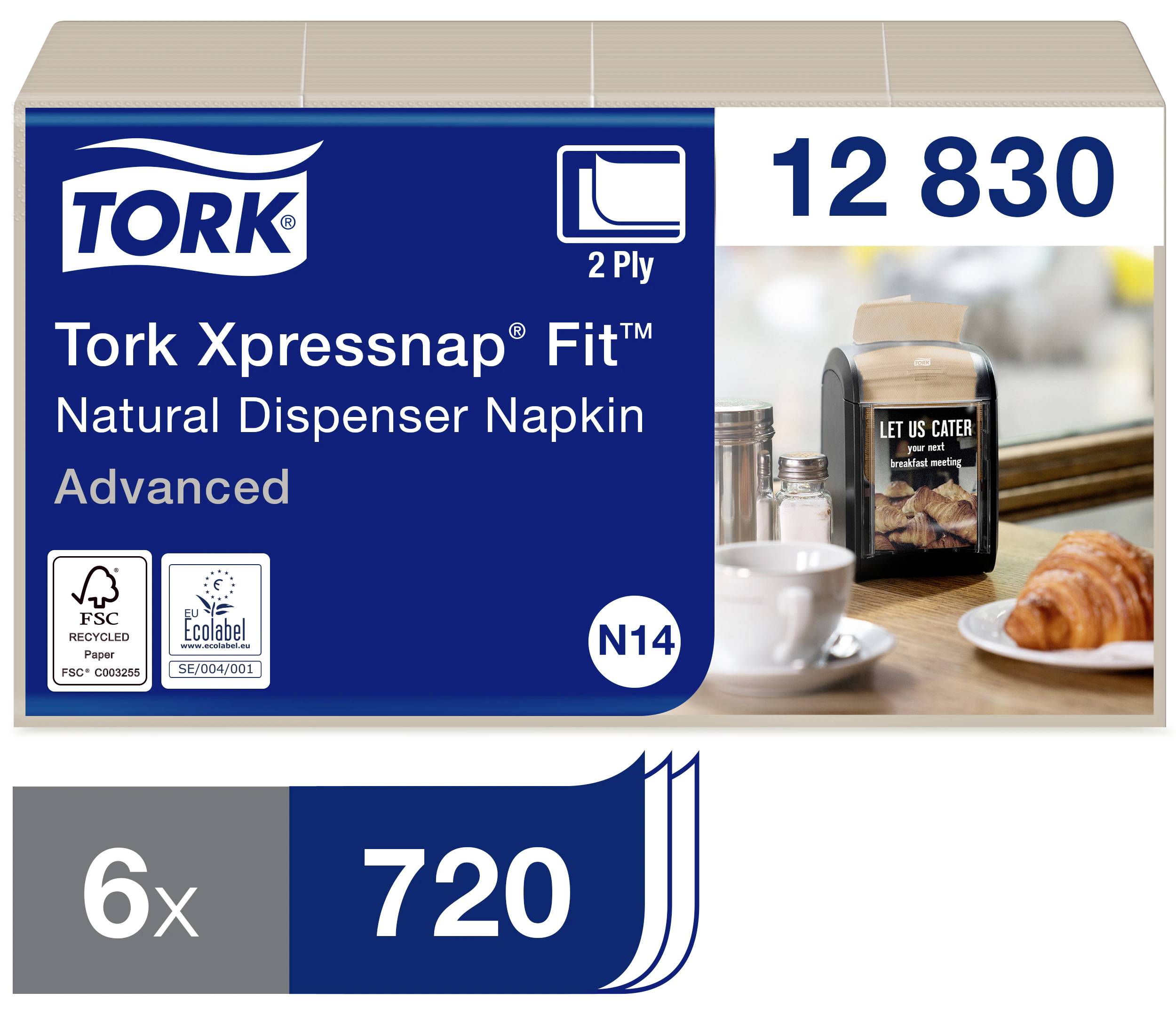 Papierservietten Tork Xpressnap Fit Natural Dispenser Napkin, 2-lagig, 12.830 Stück. Bild eines Tischs mit Kaffee und Gebäck.