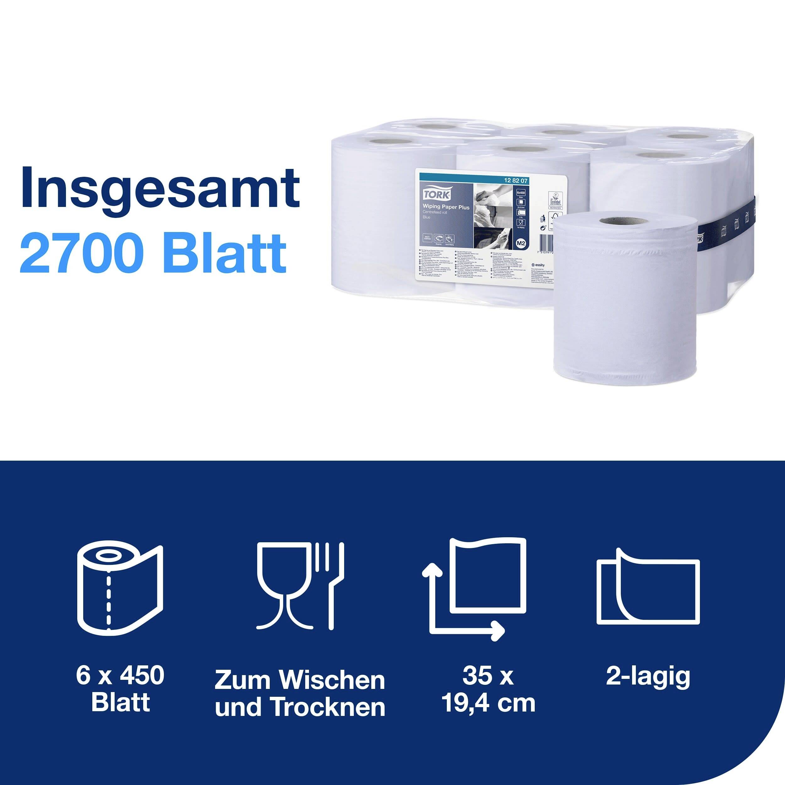 'Insgesamt 2700 Blatt' steht neben Rollen weißem Papier. Details: 6 Rollen à 450 Blatt, 35x35 cm, zum Wischen, Trocknen, 2-lagig.