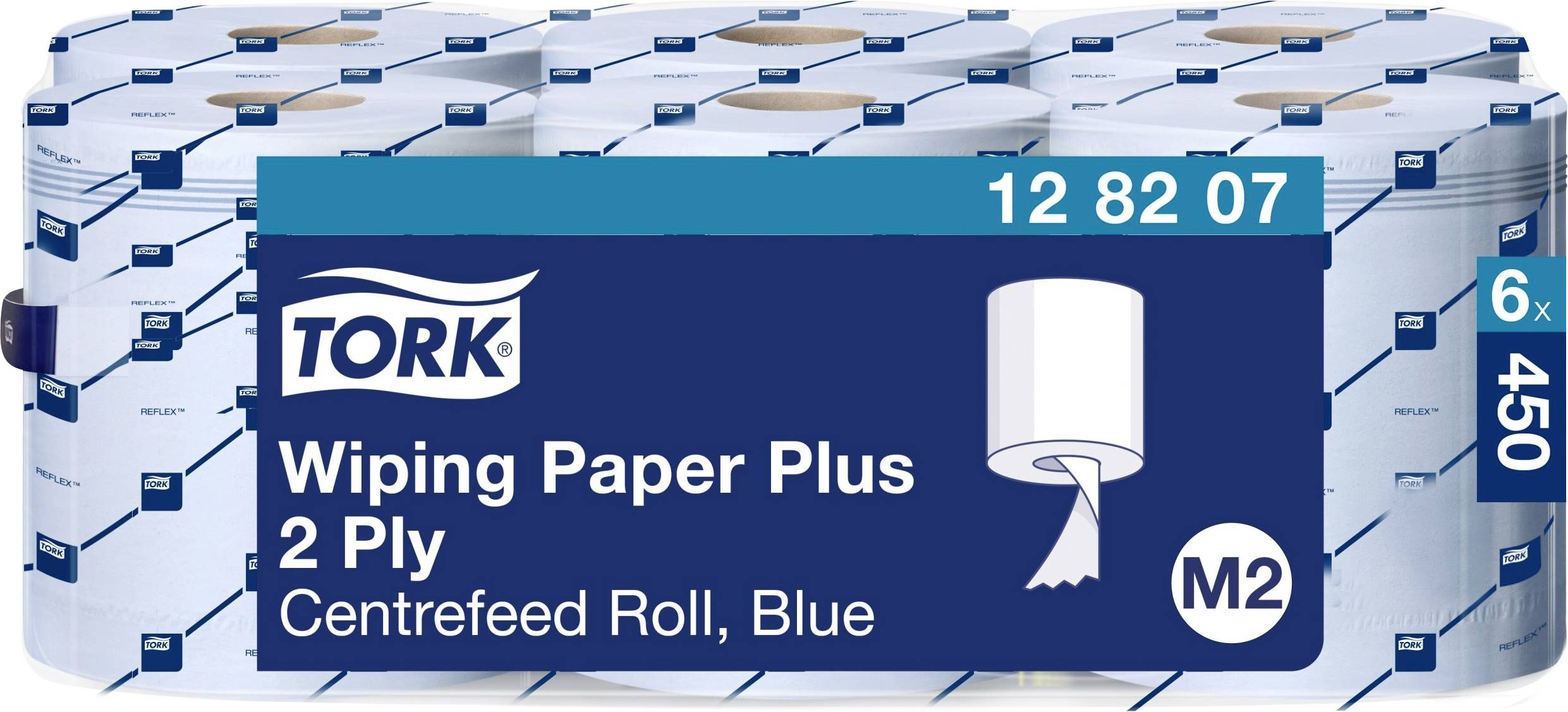 Mehrere Rollen blaues Wischpapier mit der Aufschrift 'Tork Wiping Paper Plus, 2 Ply, Centerfeed Roll, Blue, M2'.