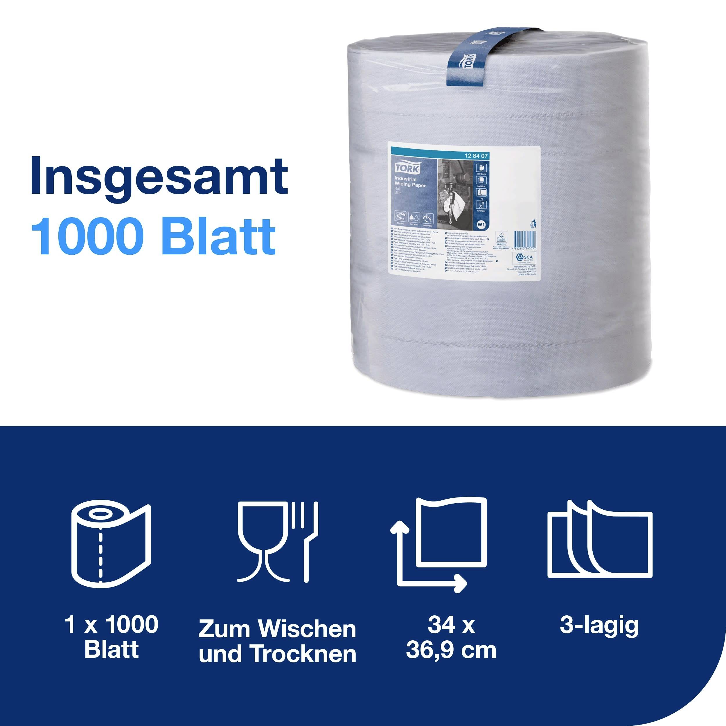 Rolle mit 1000 Blatt Papiertüchern. Beschriftung zeigt Symbole für Verwenden zum Wischen, Größe 34x36,9 cm, 3-lagig.