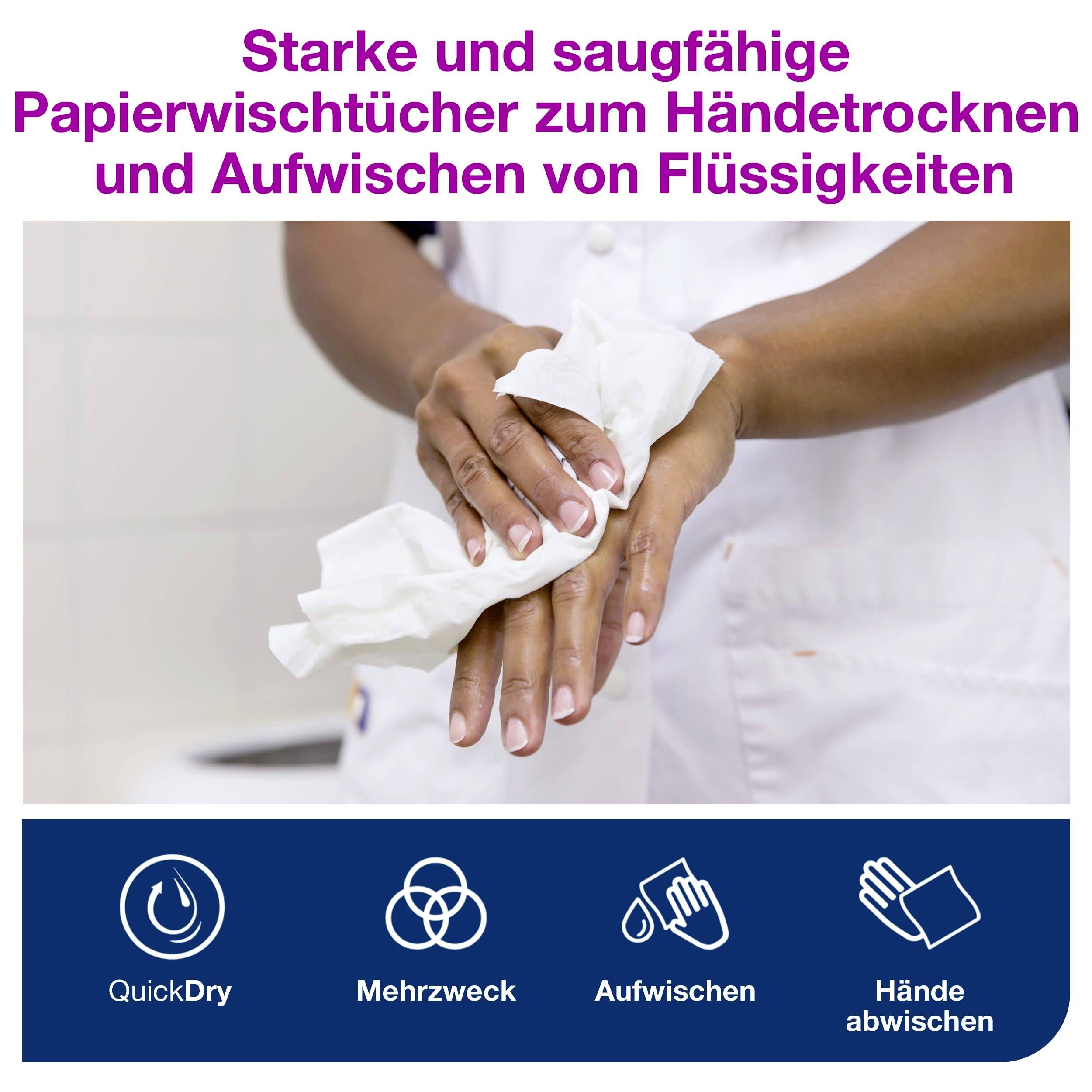'Eine Person trocknet ihre Hände mit einem saugfähigen Papiertuch. Text oben: 