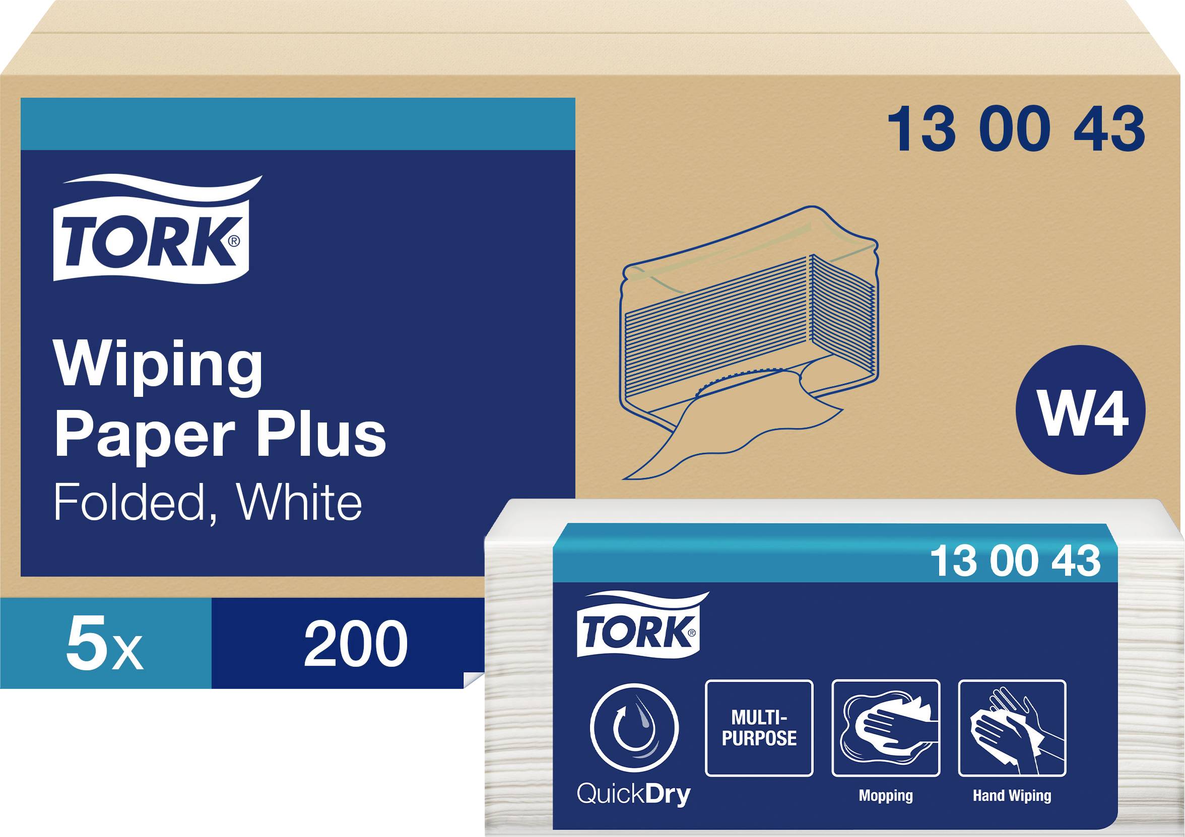 Tork Wischtücher Plus, gefaltet, weiß, 200 Tücher pro Packung. Verpackung zeigt Symbole für Vielzweck, Wischen und Händetrocknen.