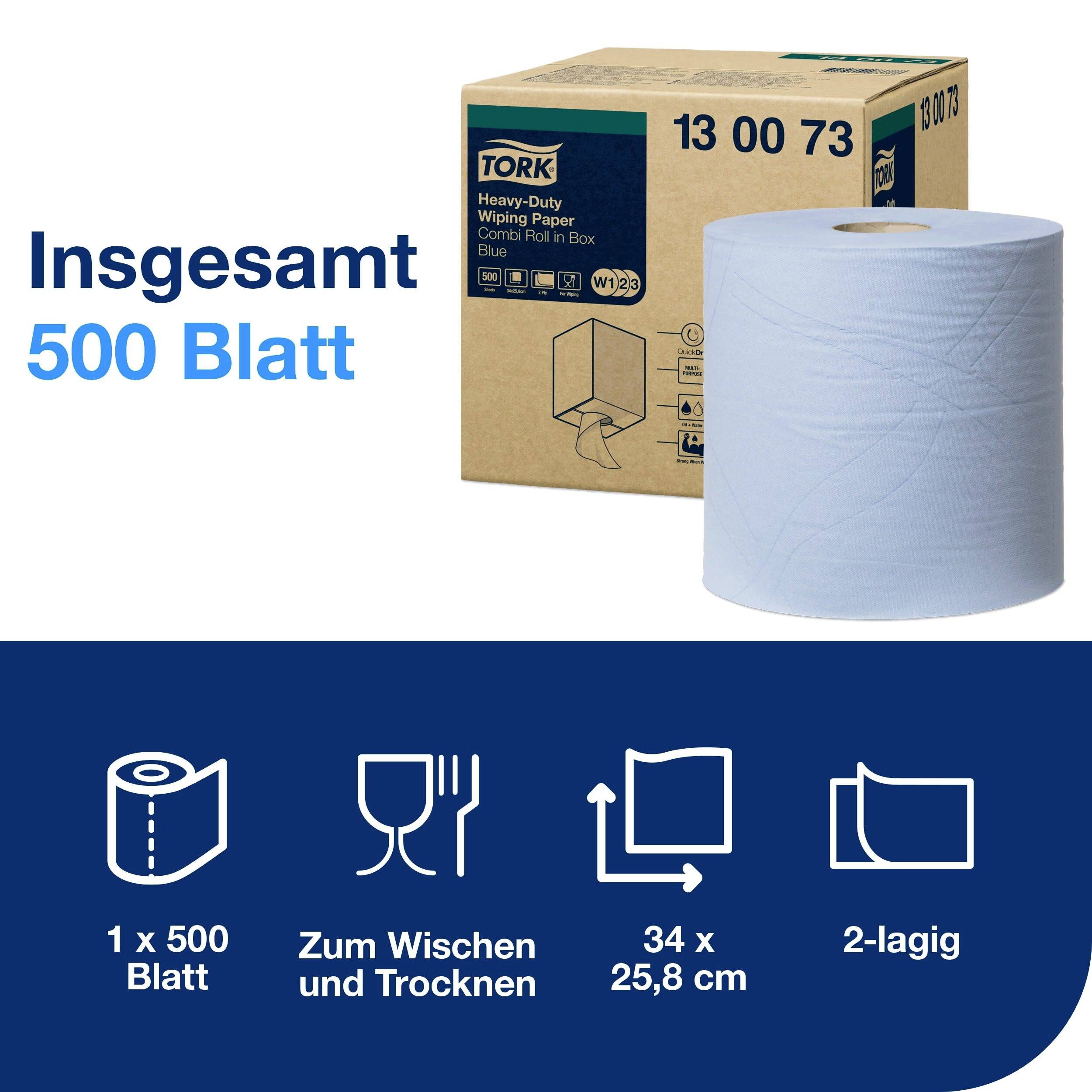Blauer Papiertuchrolle und Verpackung mit Text 'Insgesamt 500 Blatt', Symbole zeigen Anwendungsbereiche wie Wischen und Trocknen.