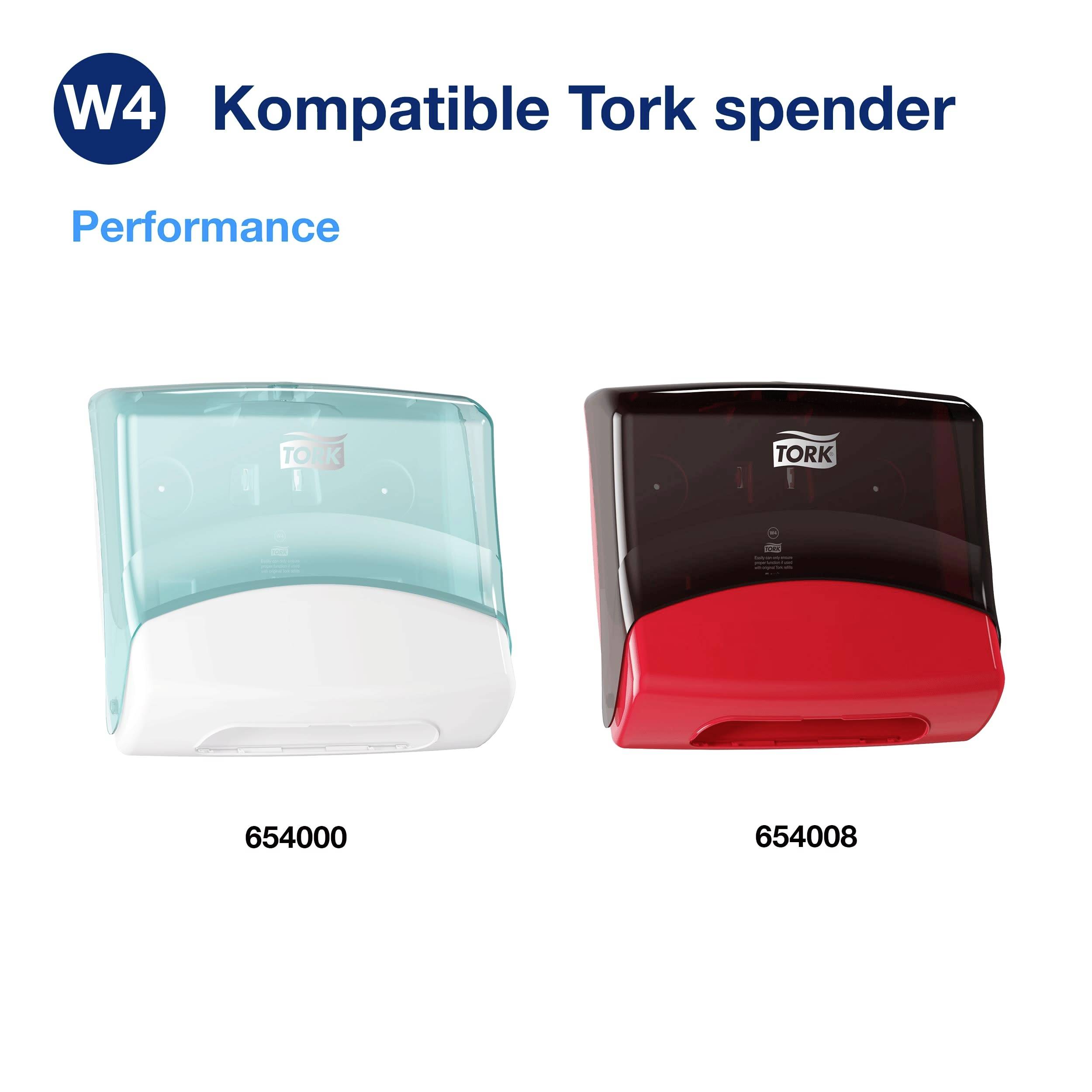 Zwei Tork Spender sind abgebildet: links türkis-weiß (Modell 654000) und rechts rot-schwarz (Modell 654008), beide mit W4 Kompatibilität.