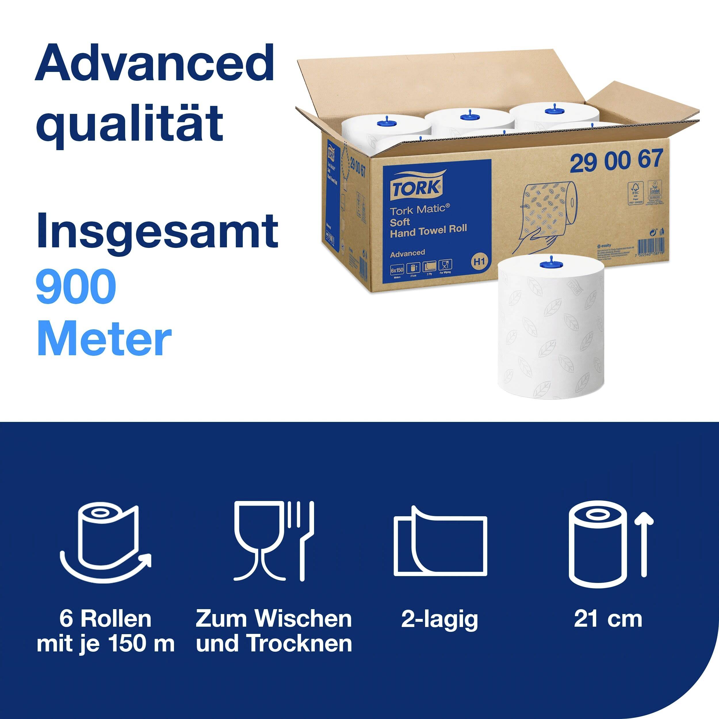 Tork Matic Handtuchrollen, 6 Rollen á 150 m, 2-lagig, insgesamt 900 Meter, zum Wischen und Trocknen, Rollenbreite 21 cm.