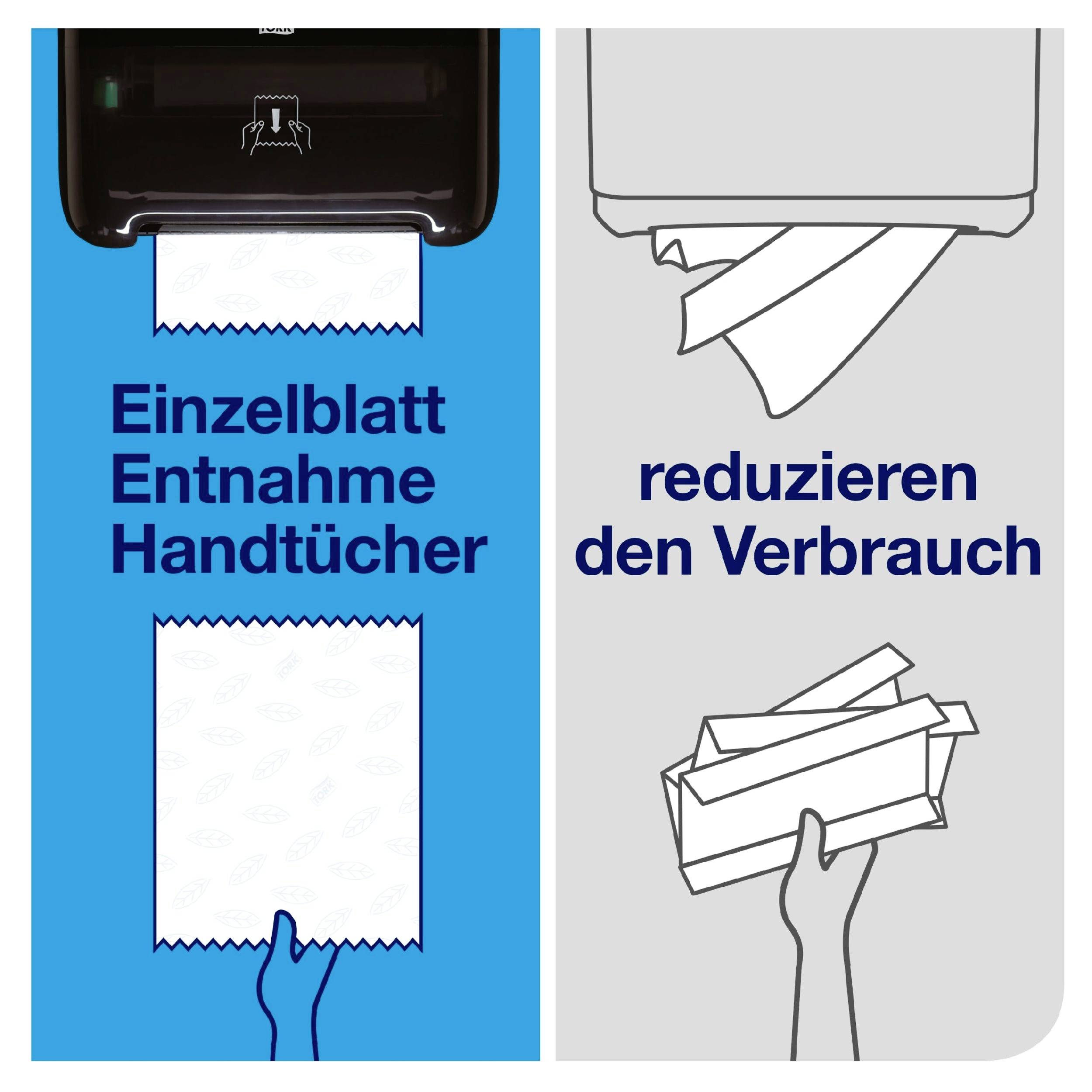 'Einzelblatt-Entnahme Handtücher' und 'reduzieren den Verbrauch' mit Illustrationen von einem Handtuchspender und einer Hand.