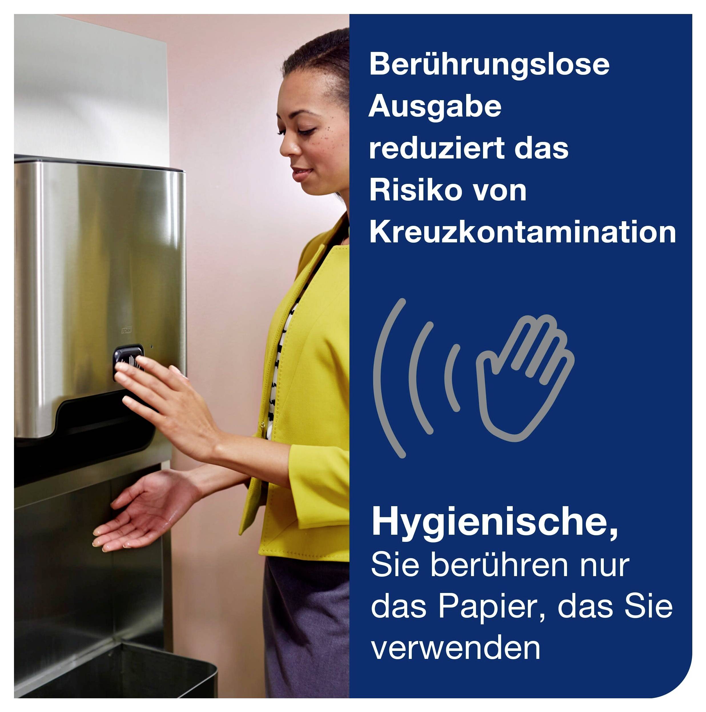 Frau nutzt berührungslosen Papierhandtuchspender; Text betont geringeres Kreuzkontaminationsrisiko und hygienische Nutzung nur des verwendeten Papiers.