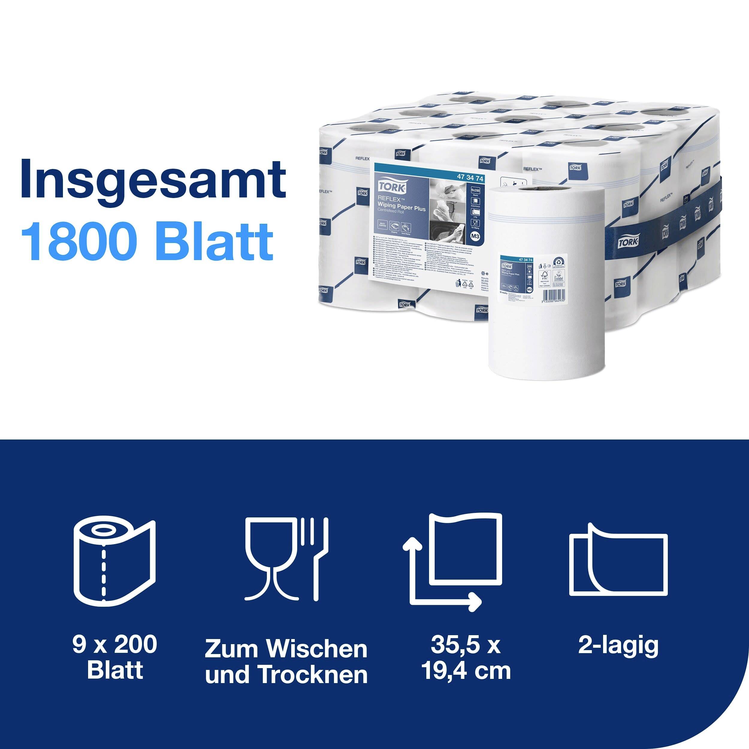 'Insgesamt 1800 Blatt', zeigt eine Packung mit neun weißen Handtuchrollen. Symbole: Papierrolle, Besteck, Maße '35,5 x 19,4 cm', '2-lagig'.