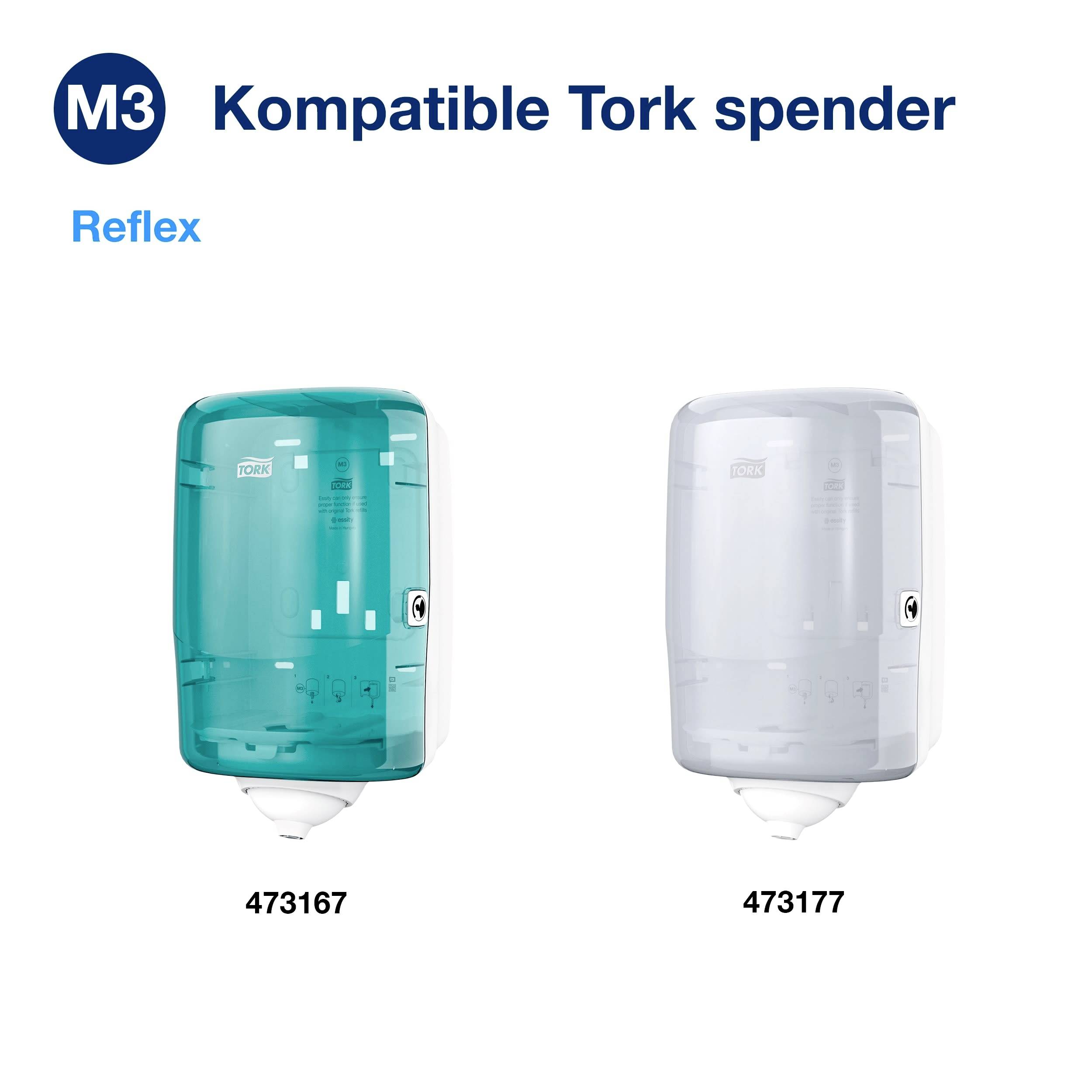 'Kompatible Tork Spender M3 Reflex' zeigt zwei Spender, türkis (473167) und weiß (473177), zur Verwendung mit Tork Reinigungstüchern.