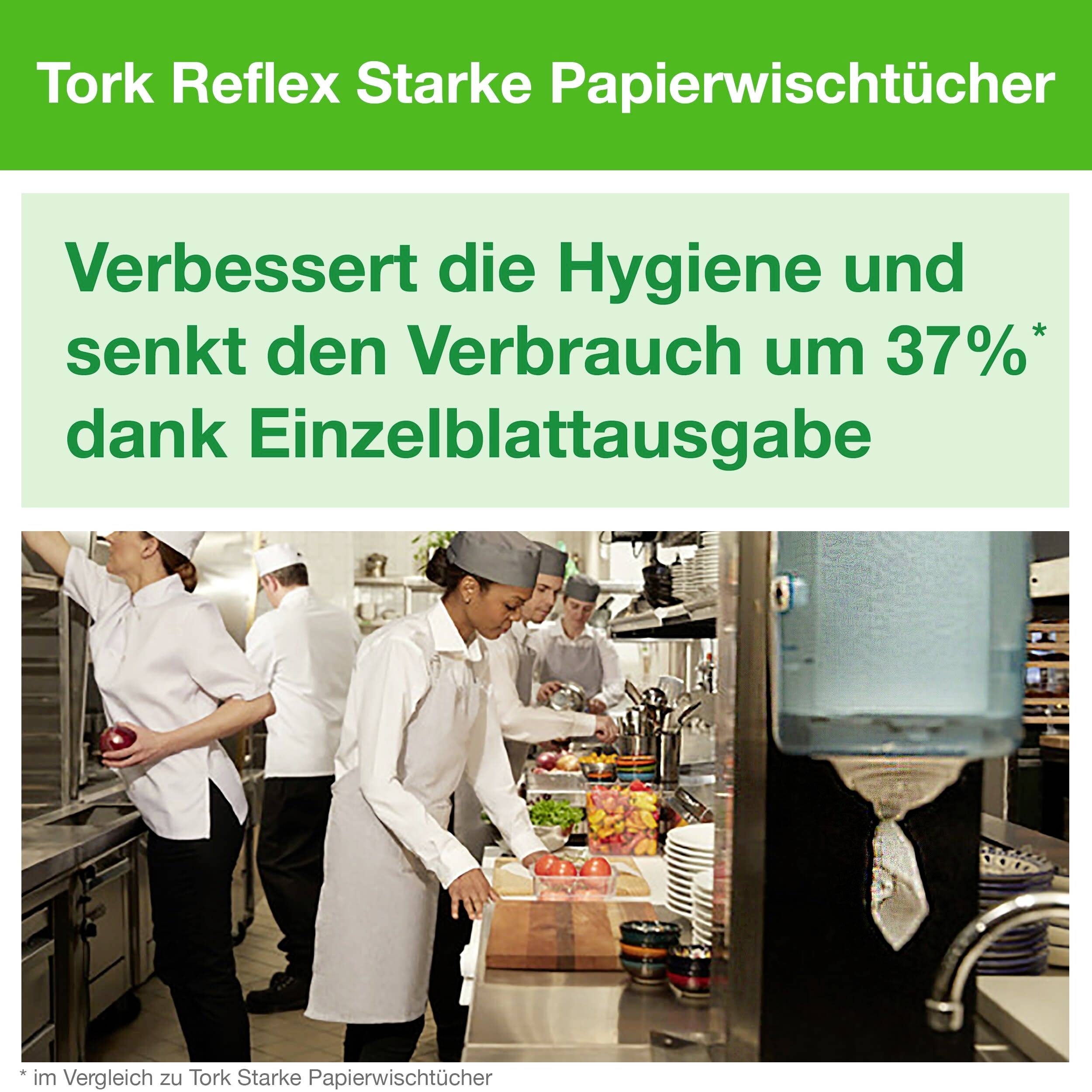 Küchenpersonal arbeitet in einer Großküche. Text im Bild: 'Verbessert die Hygiene und senkt den Verbrauch um 37% dank Einzelblattausgabe.'