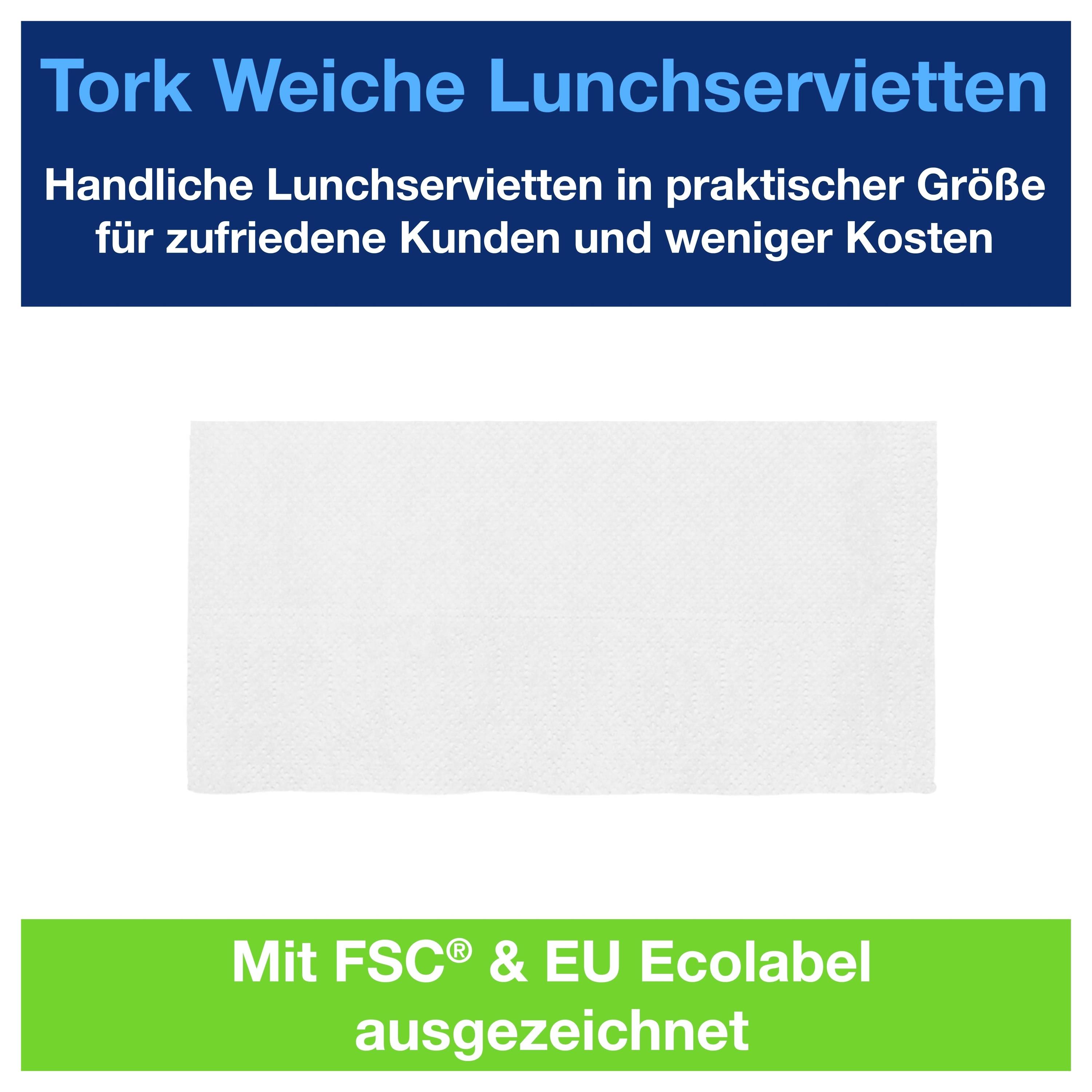 Produktgrafik für 'Tork Weiche Lunchservietten' mit weißer Serviette; Hinweis: 'Mit FSC® & EU Ecolabel ausgezeichnet'.