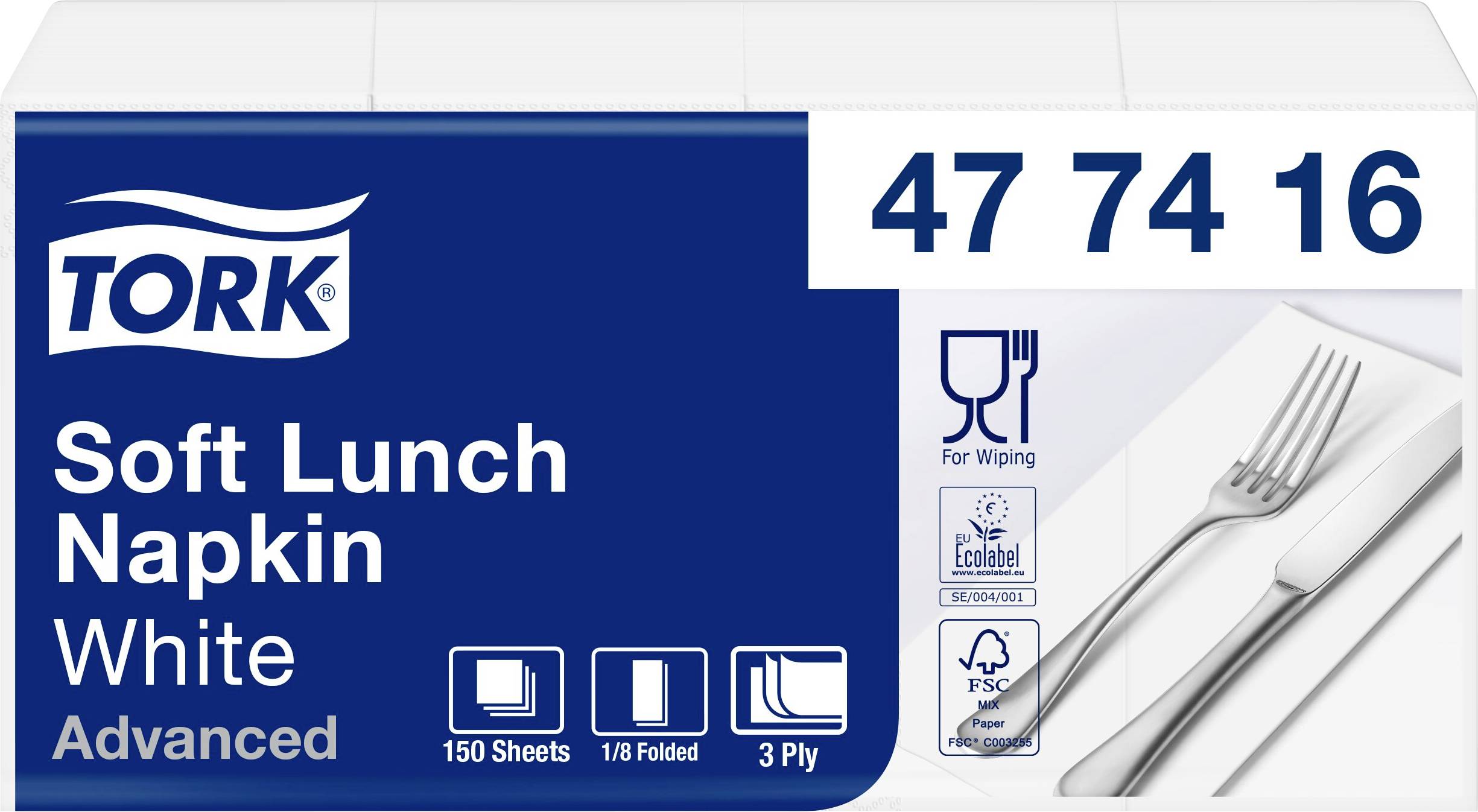 Verpackung von Tork Soft Lunch Servietten, weiß, mit der Nummer 47 74 16. Abgebildet sind Symbole für 150 Stück, gefaltet, 3-lagig.