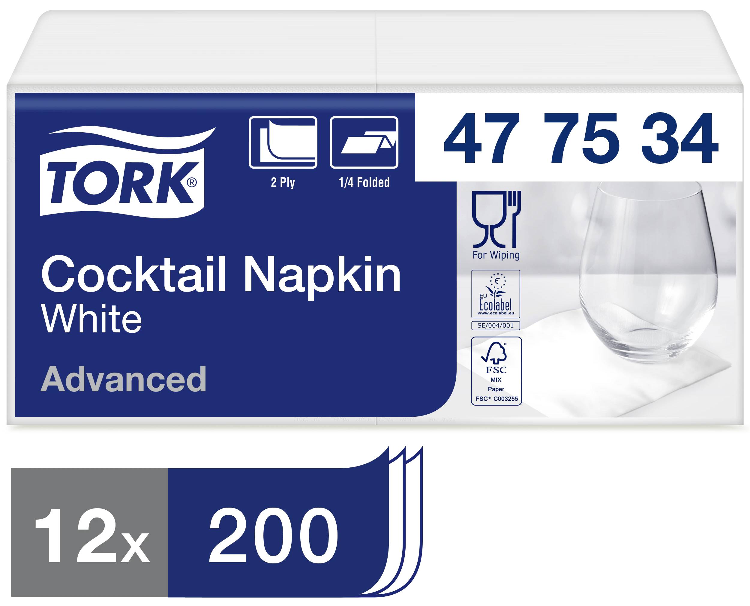 Verpackung einer Serviettenbox mit der Aufschrift 'Cocktail Napkin White', Anzahl: '12 x 200', Bild eines Glases auf der Serviette.