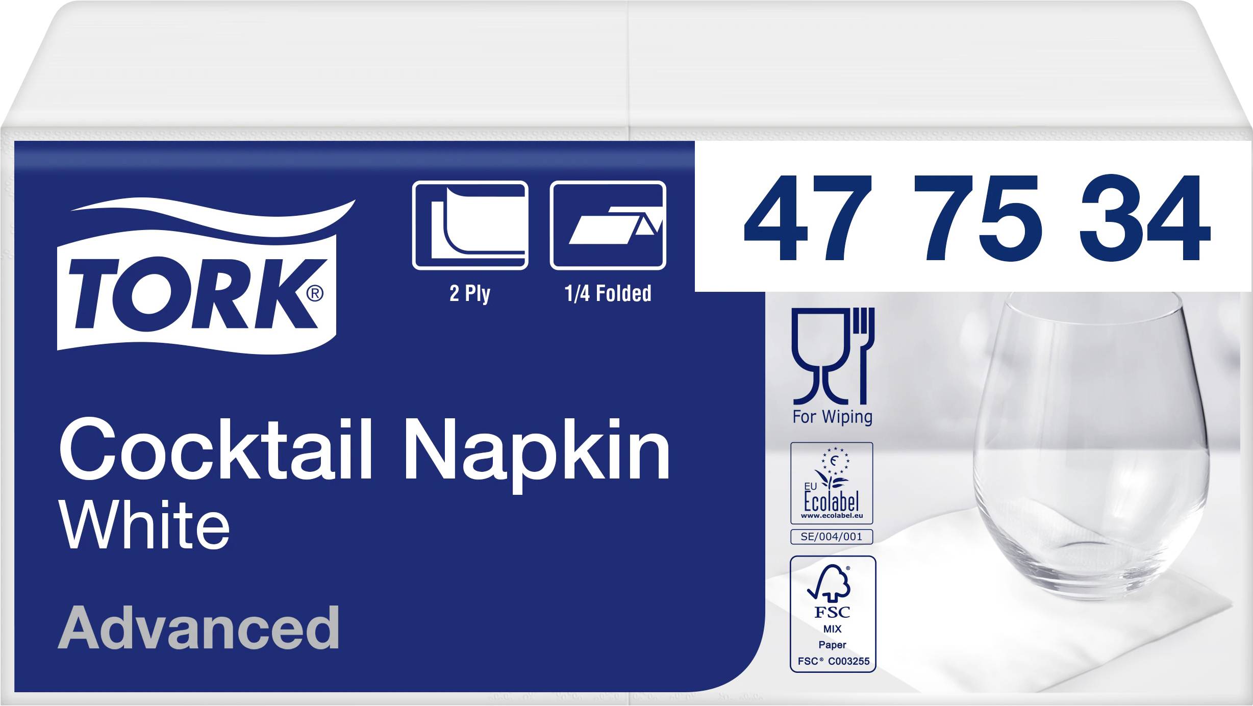 Packung weiße Cocktailservietten der Marke Tork, 2-lagig, 1/4 gefaltet. Ecolabel und FSC-Logos sichtbar, geeignet zum Wischen.