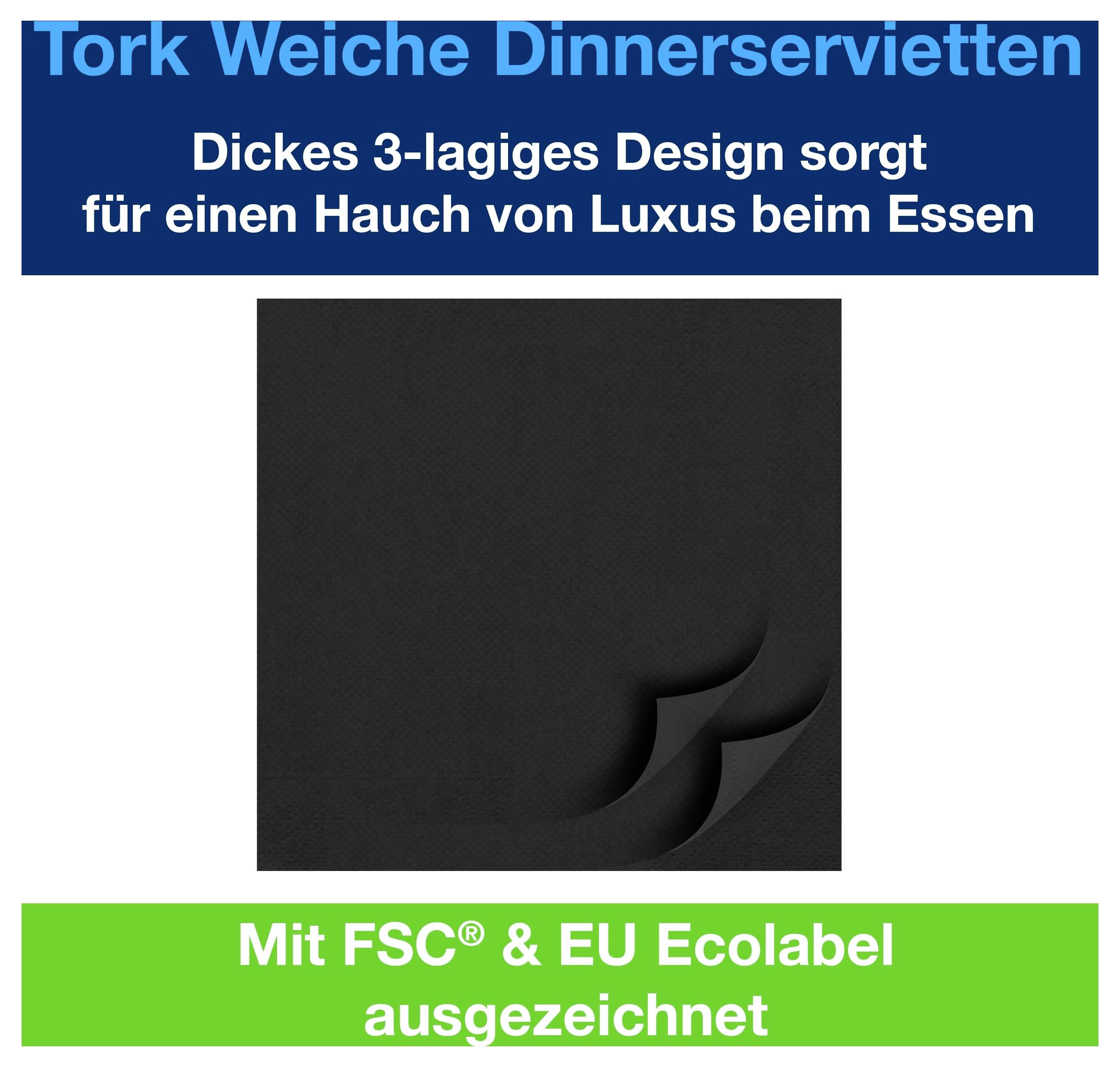 Werbebild für schwarze Tork Weiche Dinnerservietten mit 3-lagigem Design; FSC- und EU-Ecolabel ausgezeichnet.
