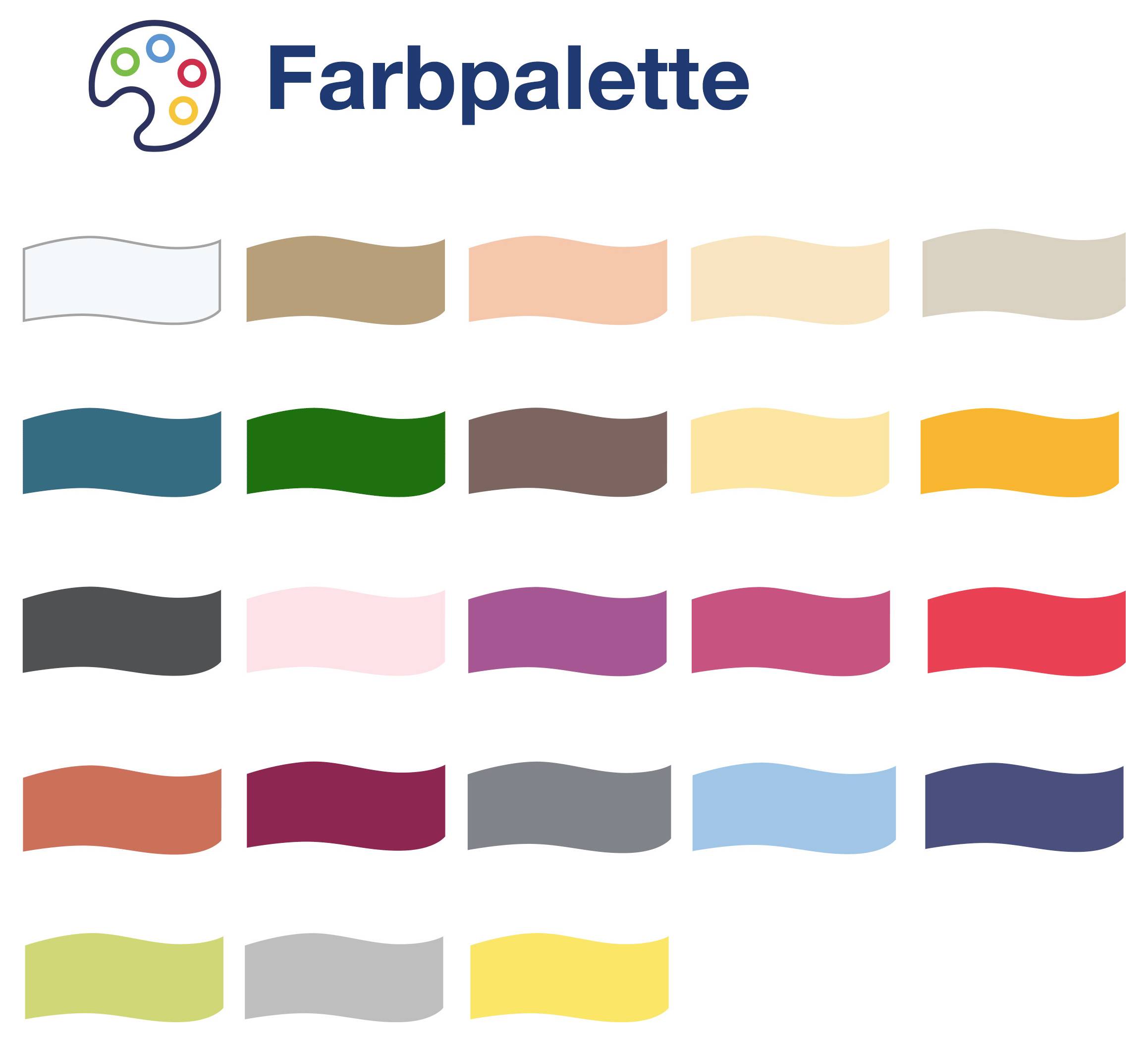 Farbpalette mit 20 farbigen, wellenförmigen Farbfeldern in fünf Reihen, beschriftet mit 'Farbpalette'.