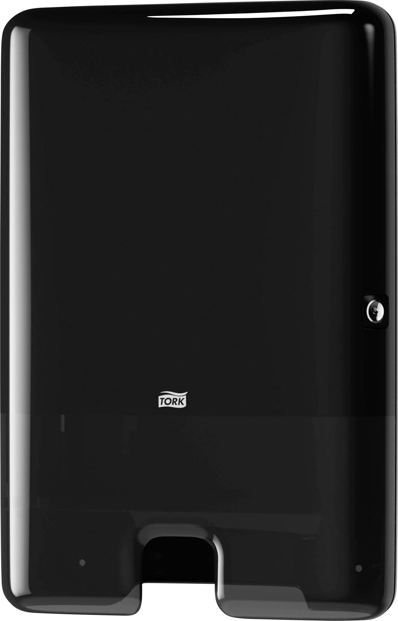Schwarzer Papierhandtuchspender mit glänzender Oberfläche, TORK-Logo auf der Vorderseite, rechteckiger Schlitz unten zur Ausgabe.