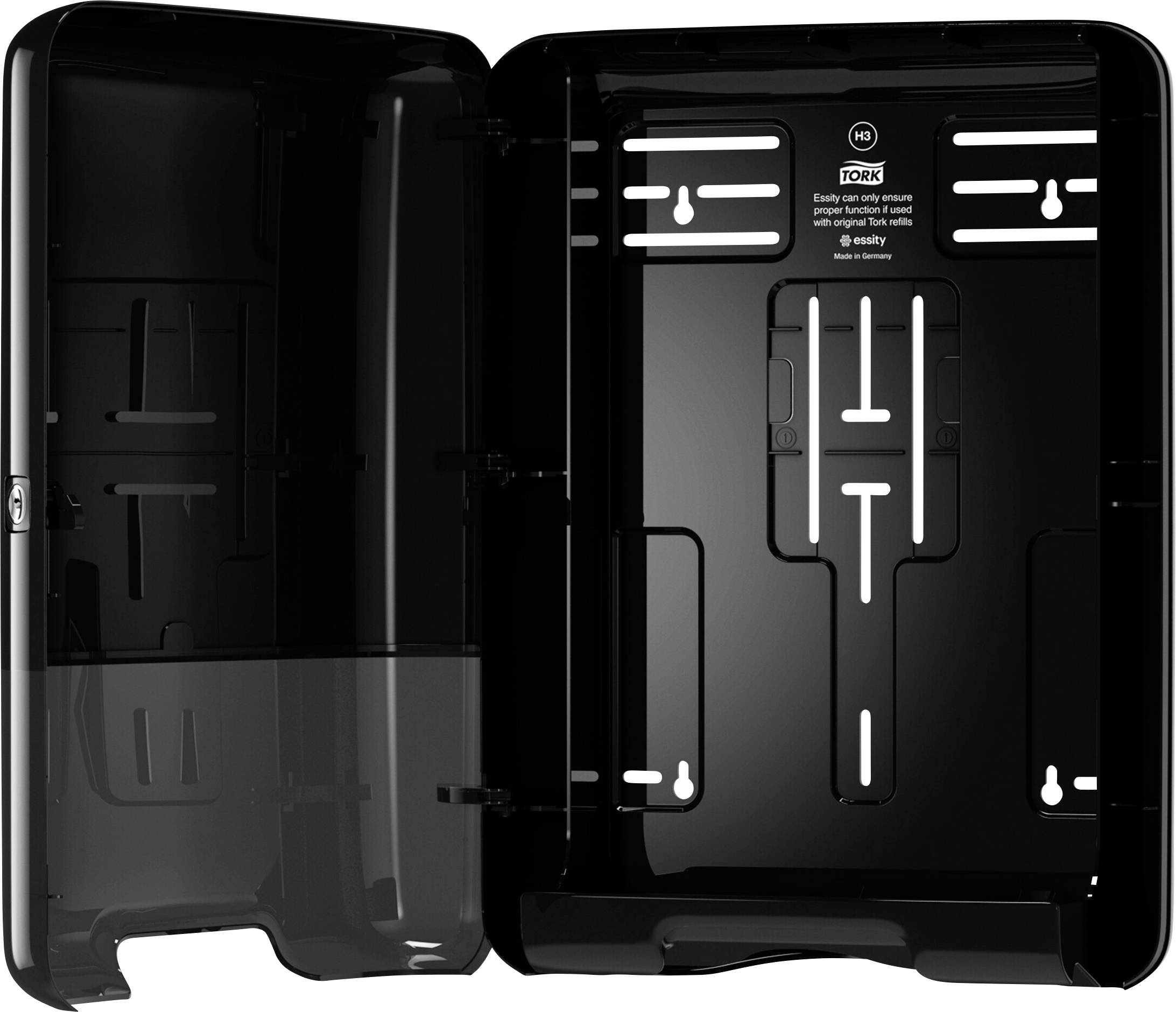 Ein leerer, geöffneter schwarzer Spender für Papiertücher, geeignet zur Wandmontage in öffentlichen Toiletten oder Waschräumen.