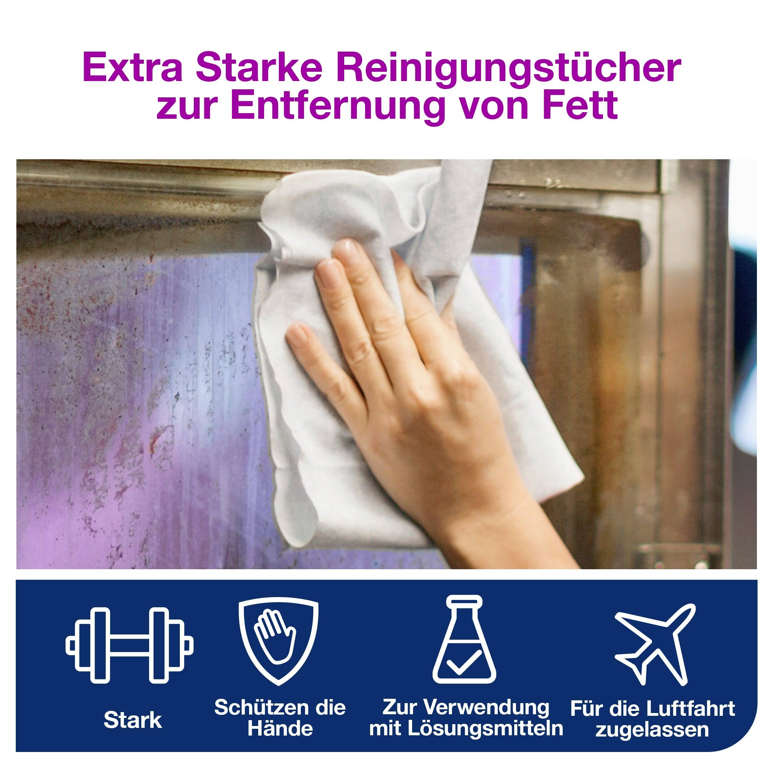 Hand wischt Fensterscheibe sauber mit Reinigungstuch, Text: Extra starke Reinigungstücher zur Entfernung von Fett.