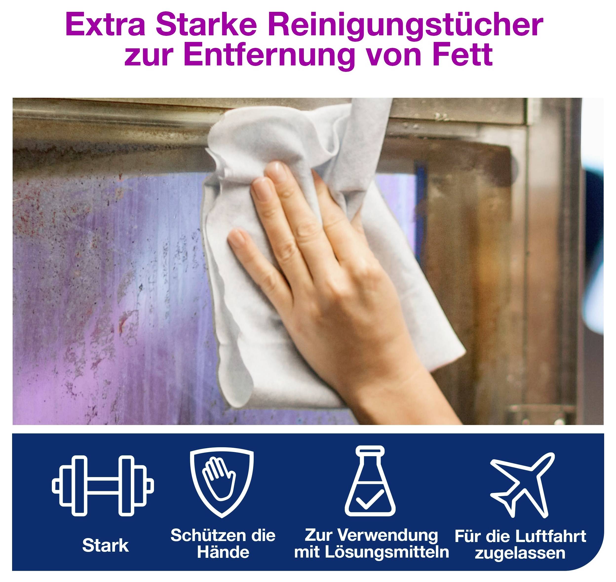 Werbung für extra starke Reinigungstücher zur Fettentfernung; Hand reinigt eine Oberfläche. Unten Icons: 'Stark', 'Schützen die Hände', 'Zur Verwendung mit Lösungsmitteln', 'Für die Luftfahrt zugelassen'.