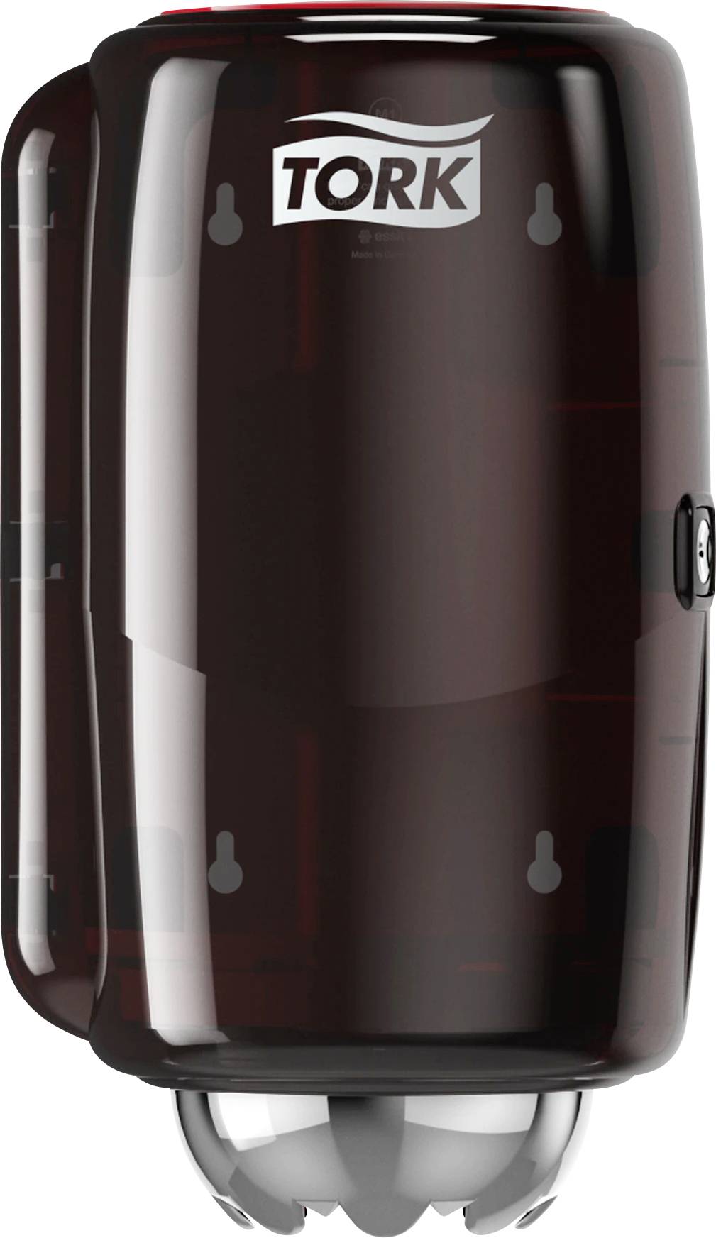 Ein schwarzer Tork Seifen-/Desinfektionsmittelspender mit kleinem Sichtfenster und Logo oben.