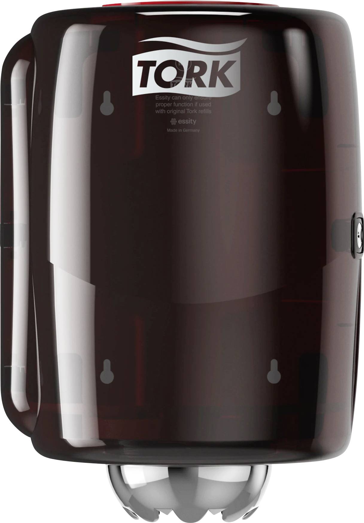 Ein dunkler Seifenspender mit der Aufschrift 'Tork' oben, zur Wandmontage.