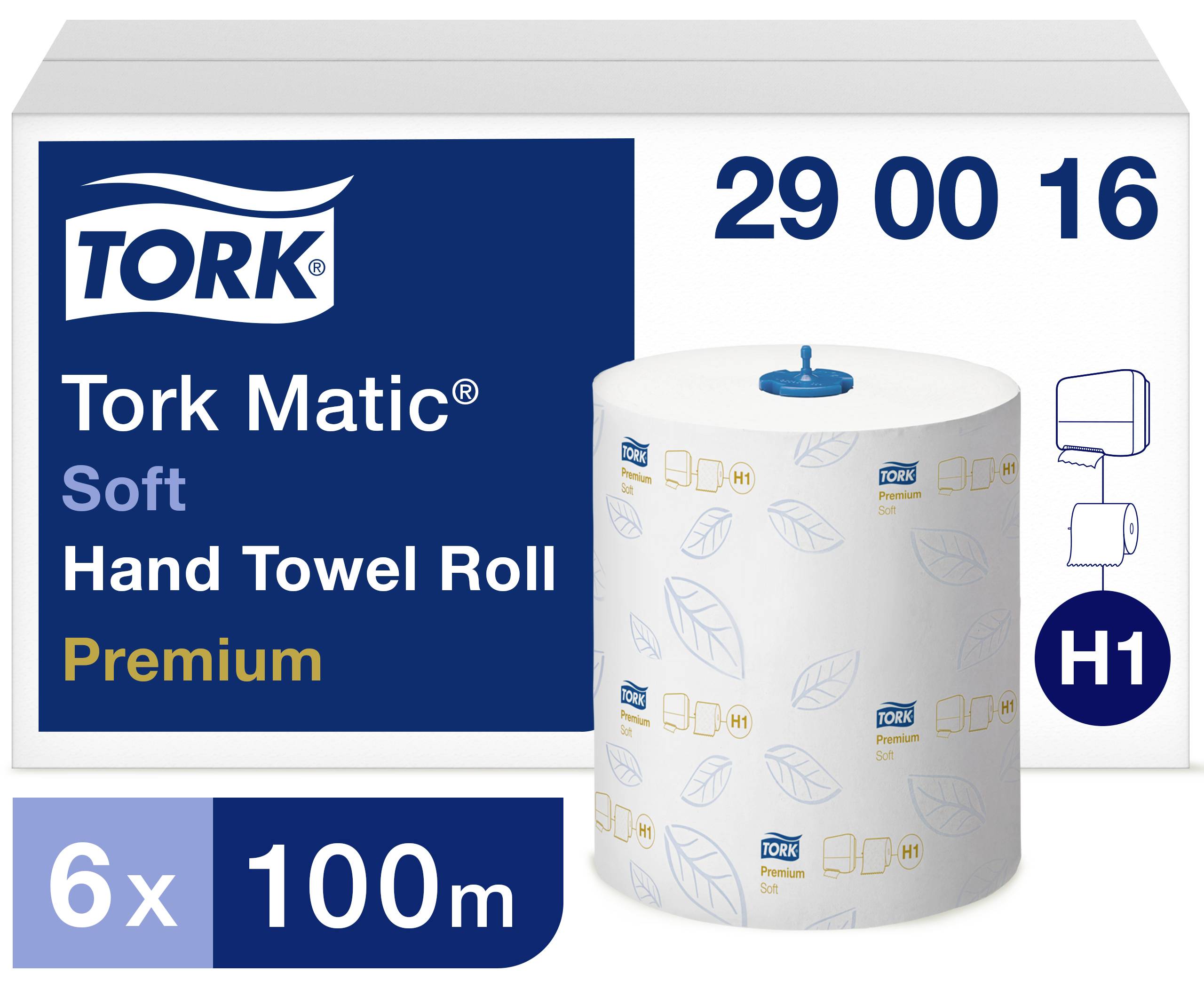 Verpackung von Tork Matic Soft Handtuchrollen, Premium, 6 Rollen à 100 m, mit blauer Falz und Blätterdesign. Geeignet für H1-Spender.