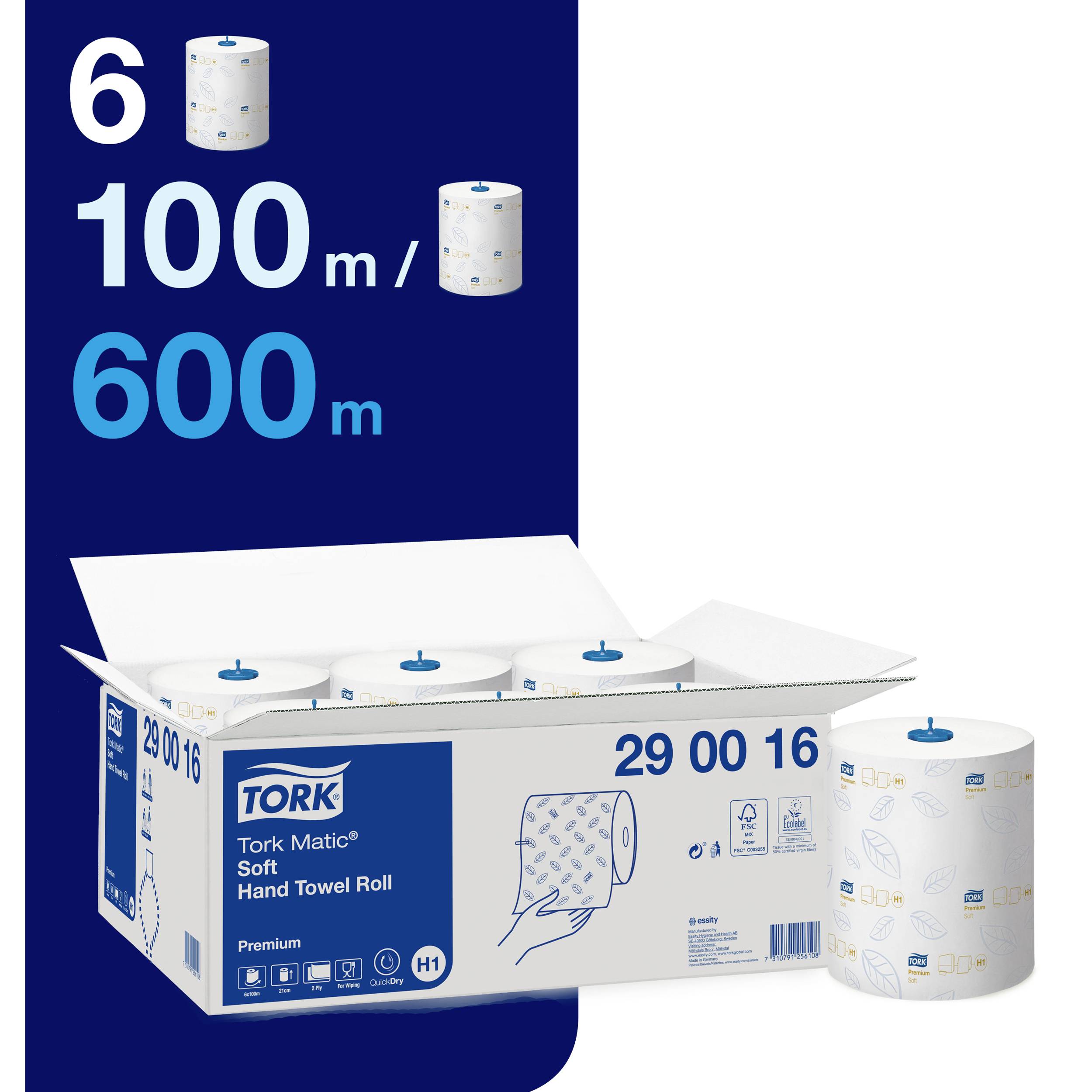 Sechs gepackte Tork Handtuchrollen, jede 100 Meter lang, insgesamt 600 Meter, in geöffneter Kartonverpackung mit Produktlogo.