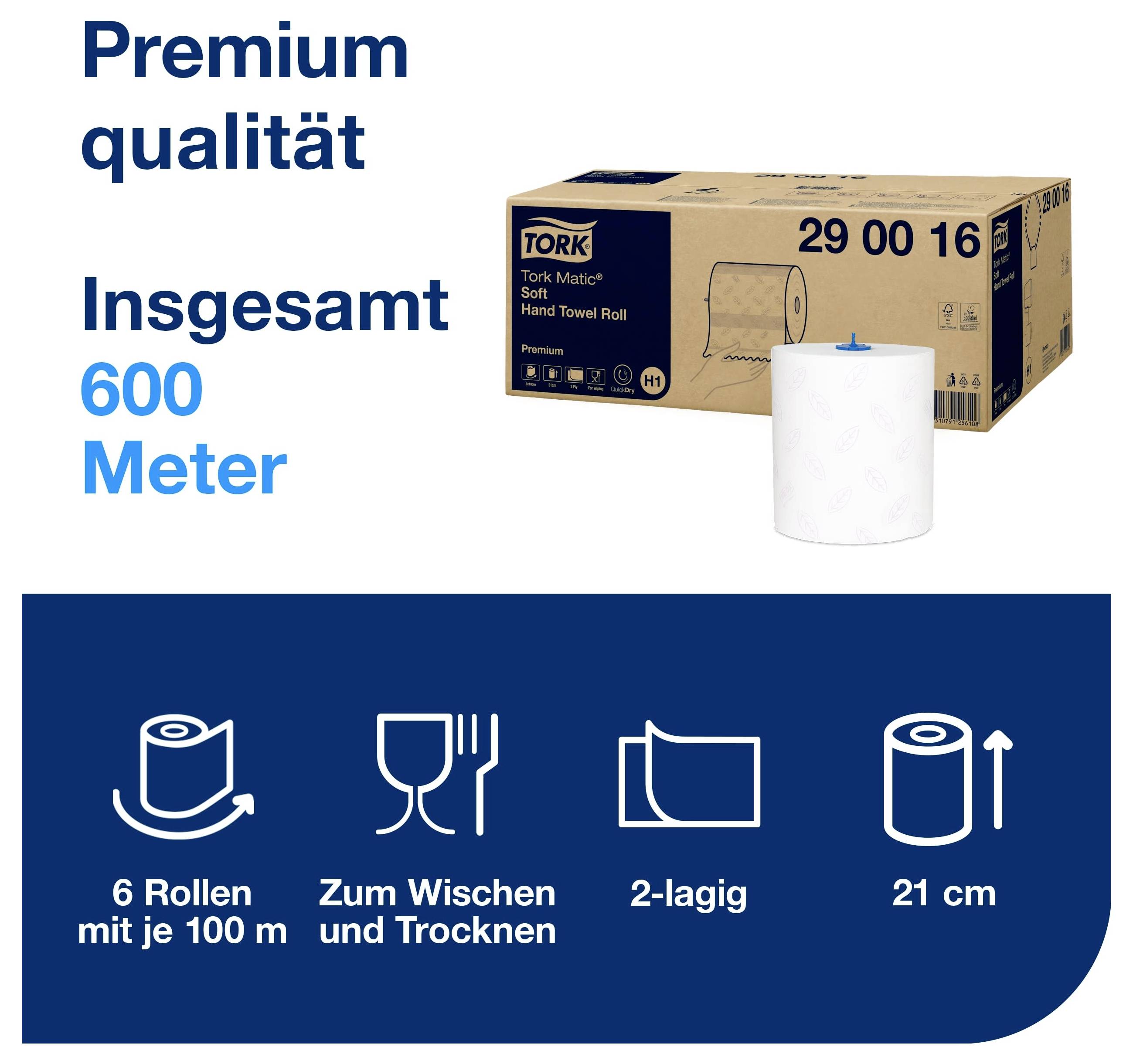 Werbegrafik für Tork-Multifunktionspapier: Premiumqualität, insgesamt 600 Meter; 6 Rollen à 100 m, zum Wischen und Trocknen, 2-lagig, 21 cm.