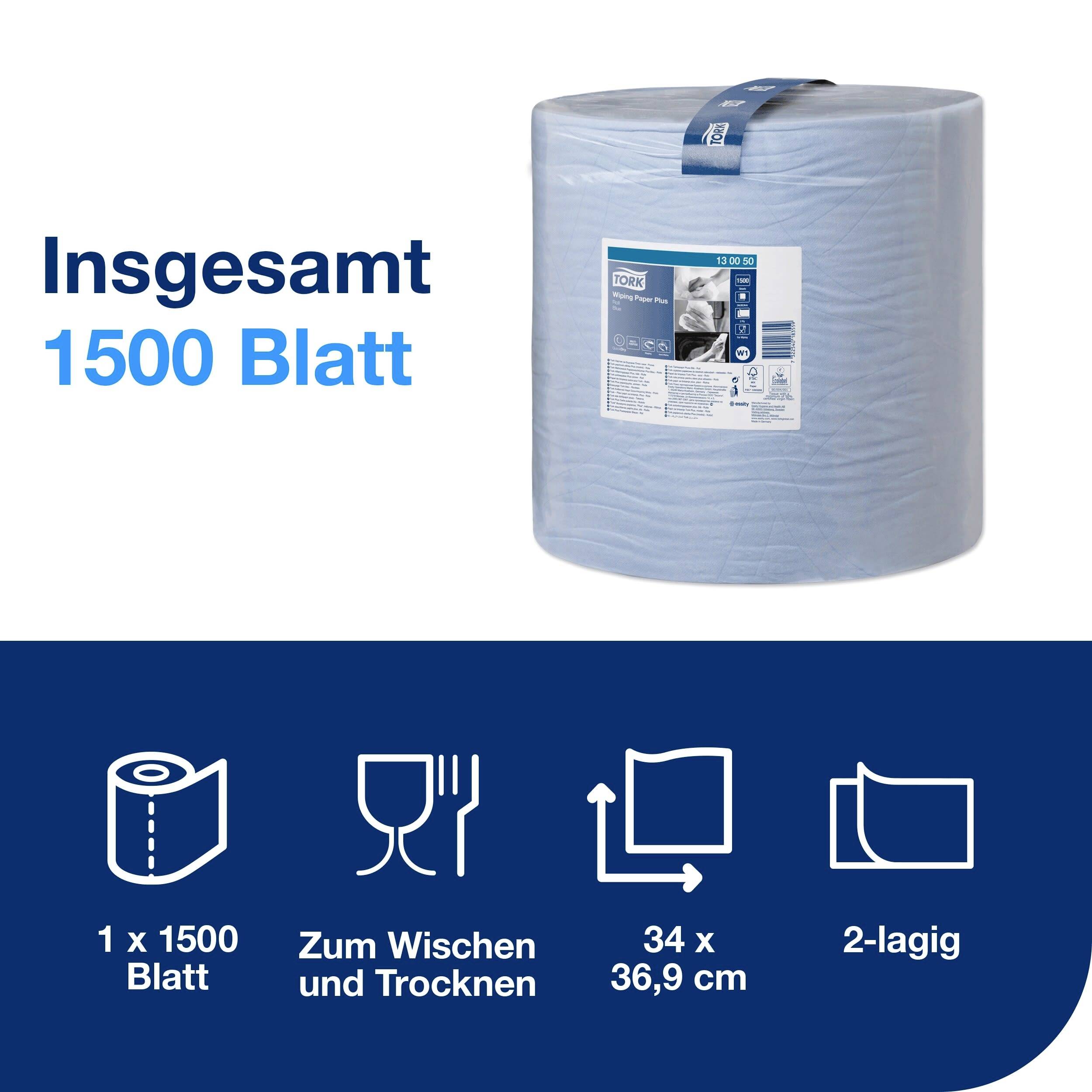 'Industriepapierrolle' mit 1500 blauen 2-lagigen Blättern, Größe 34 x 36,9 cm. Geeignet zum Wischen und Trocknen.