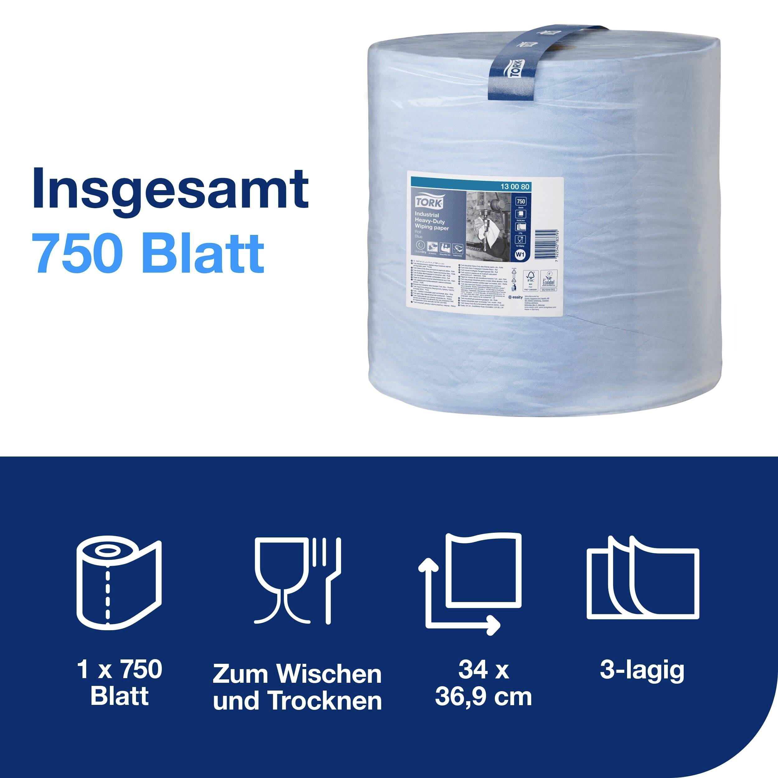 Blauer Papiertuchrolle, 750 Blatt, zum Wischen und Trocknen. Maße 34 x 36,9 cm, 3-lagig. Haupttext: 'Insgesamt 750 Blatt'. Symbole für Nutzung.