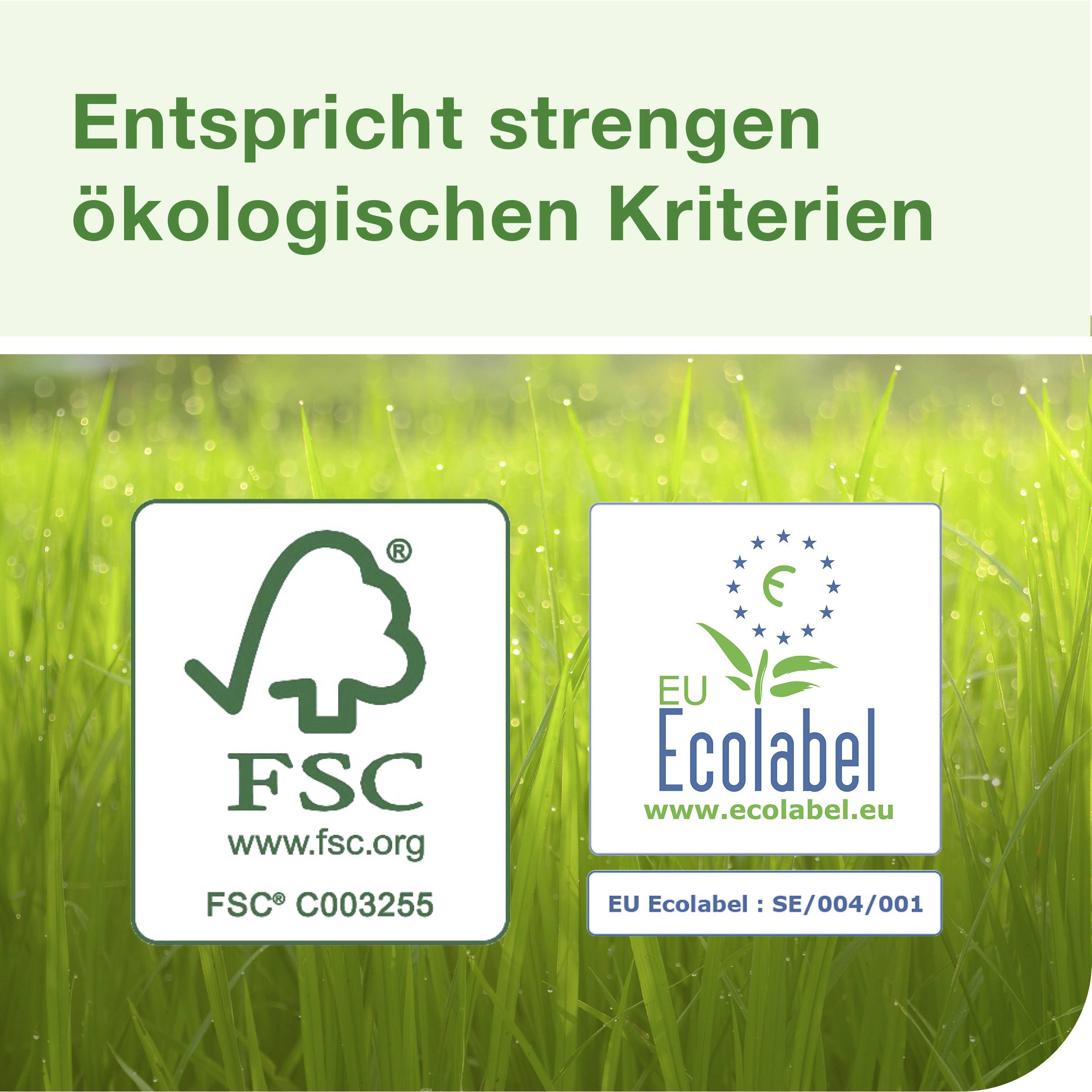 FSC- und EU-Ecolabel-Logos auf grünem Hintergrund mit Gras. Text: Entspricht strengen ökologischen Kriterien.