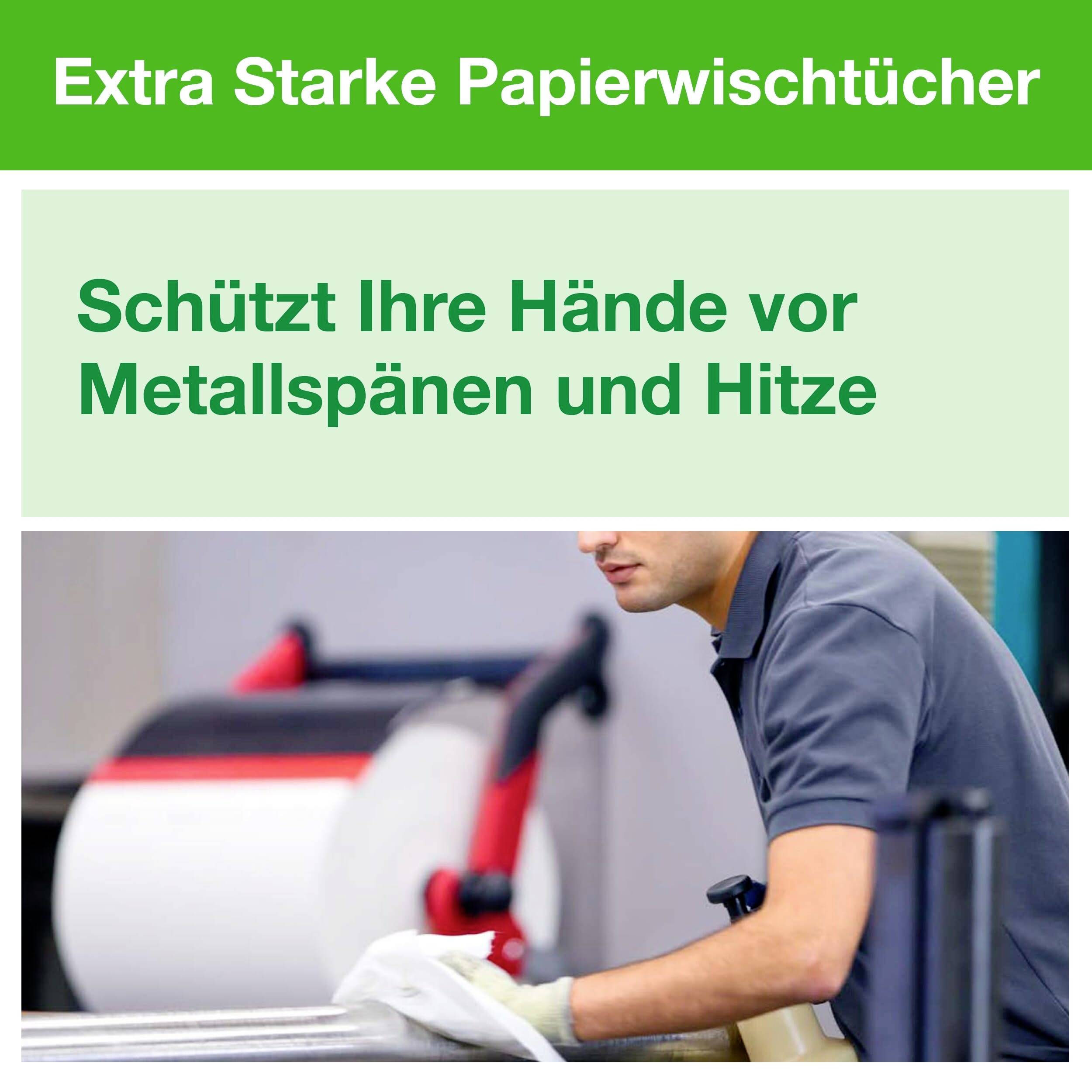 Arbeiter benutzt starke Papierwischtücher, um Metallspäne und Hitze von Händen fernzuhalten; 'Extra Starke Papierwischtücher'.