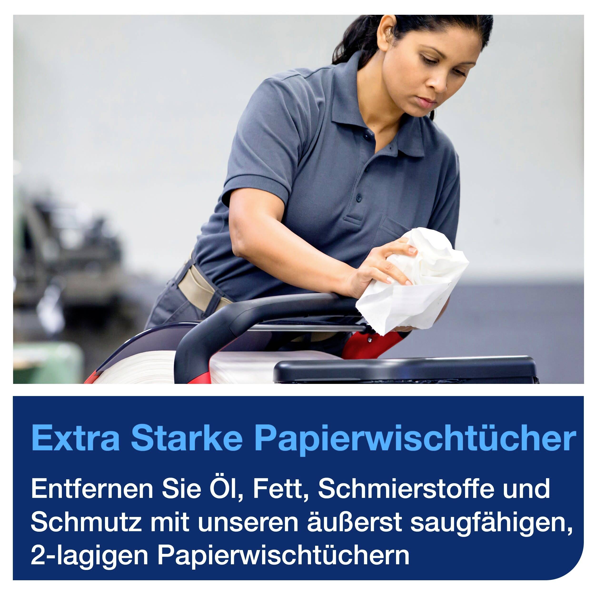 Eine Person reinigt mit einem Papiertuch eine Oberfläche. Text unten: 'Entfernen Sie Öl, Fett, Schmierstoffe mit unseren saugfähigen Papiertüchern.'