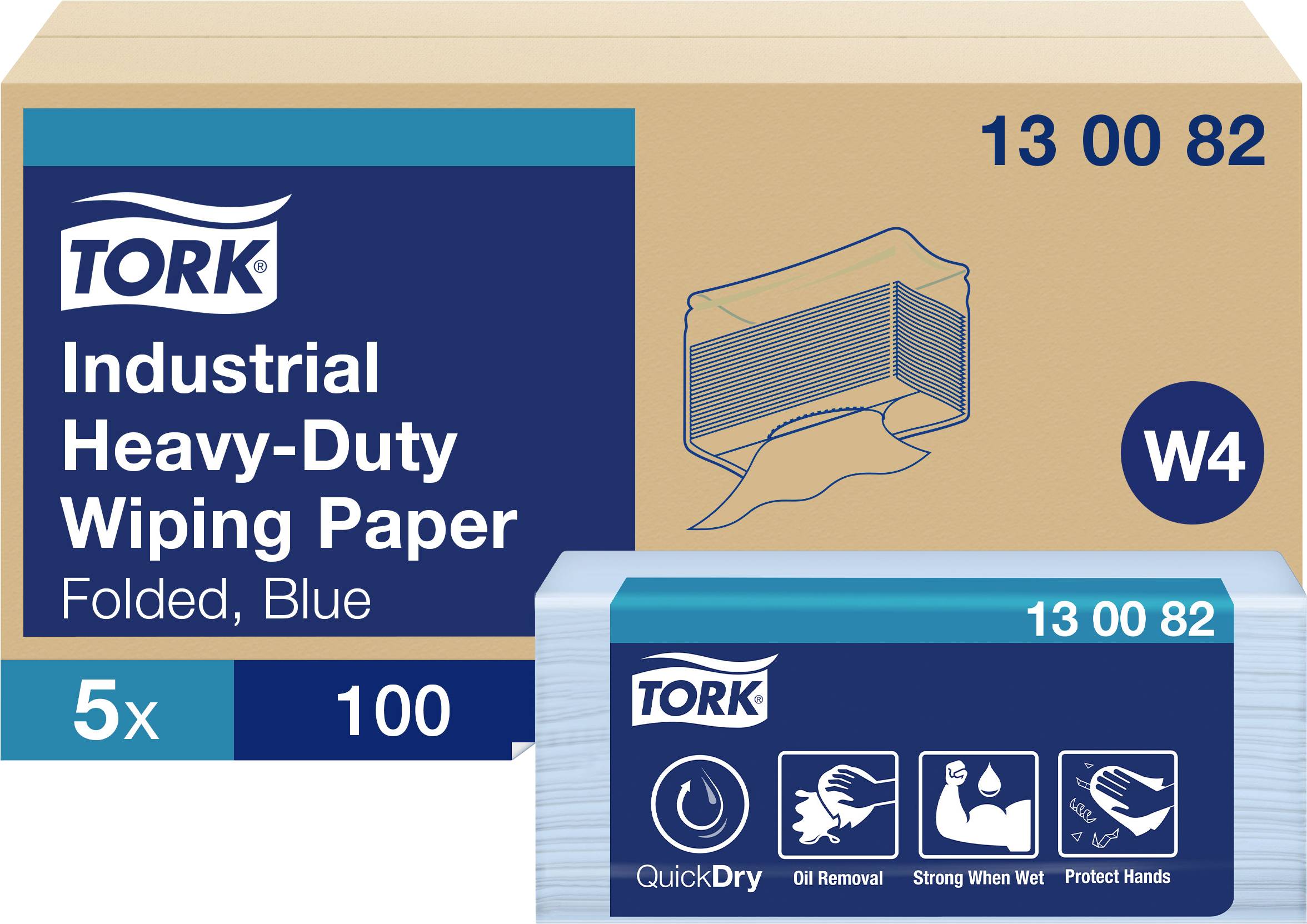 Verpackung und Box von Tork Industrie-Mehrzwecktüchern, gefaltet, blau. Enthaltene Symbole: Ölentfernung, stark bei Nässe, schützt Hände.