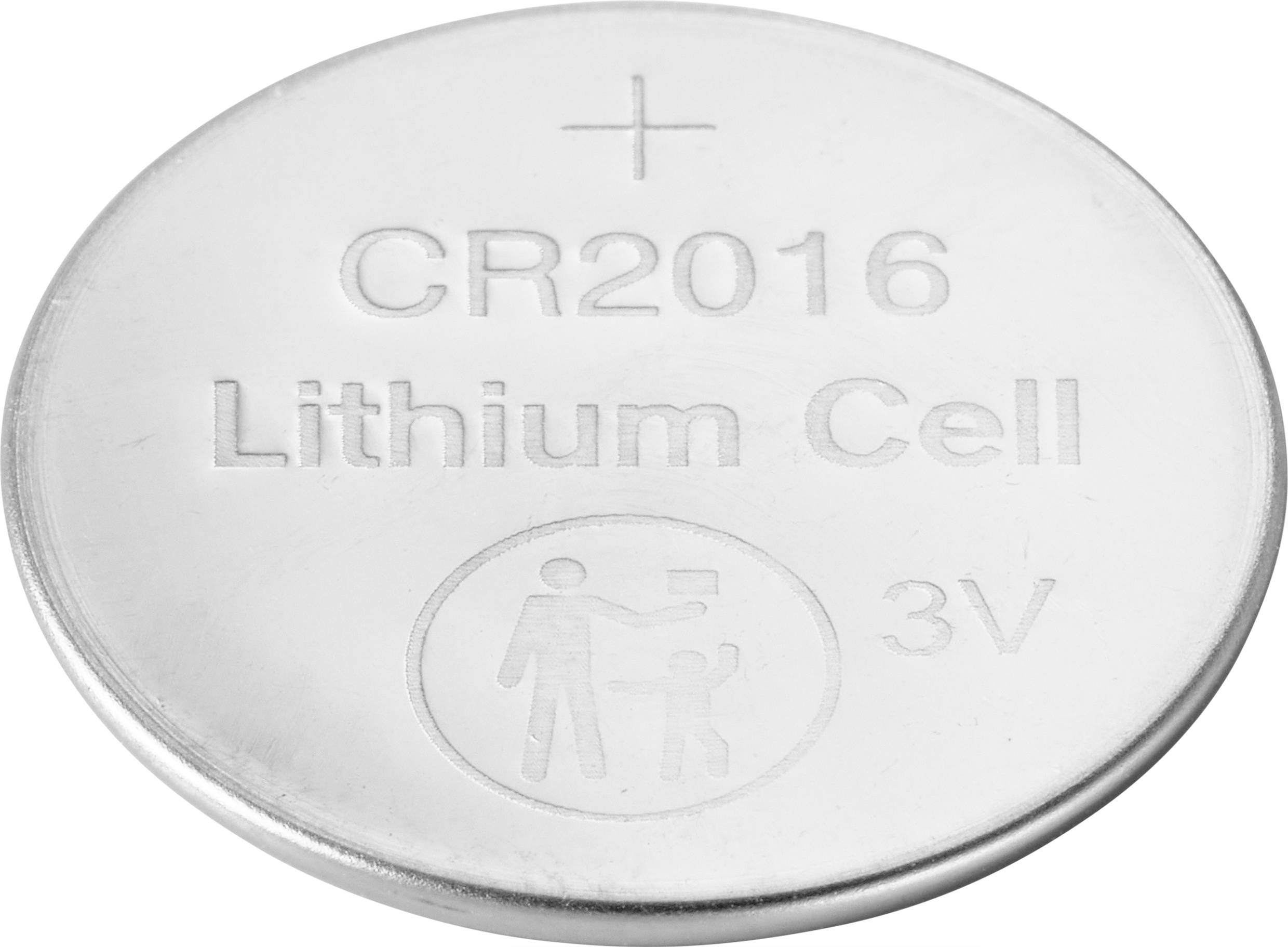 Silberne Knopfzellenbatterie mit der Aufschrift 'CR2016 Lithium Cell 3V' und einem Symbol, das vor Verschlucken durch Kinder warnt.