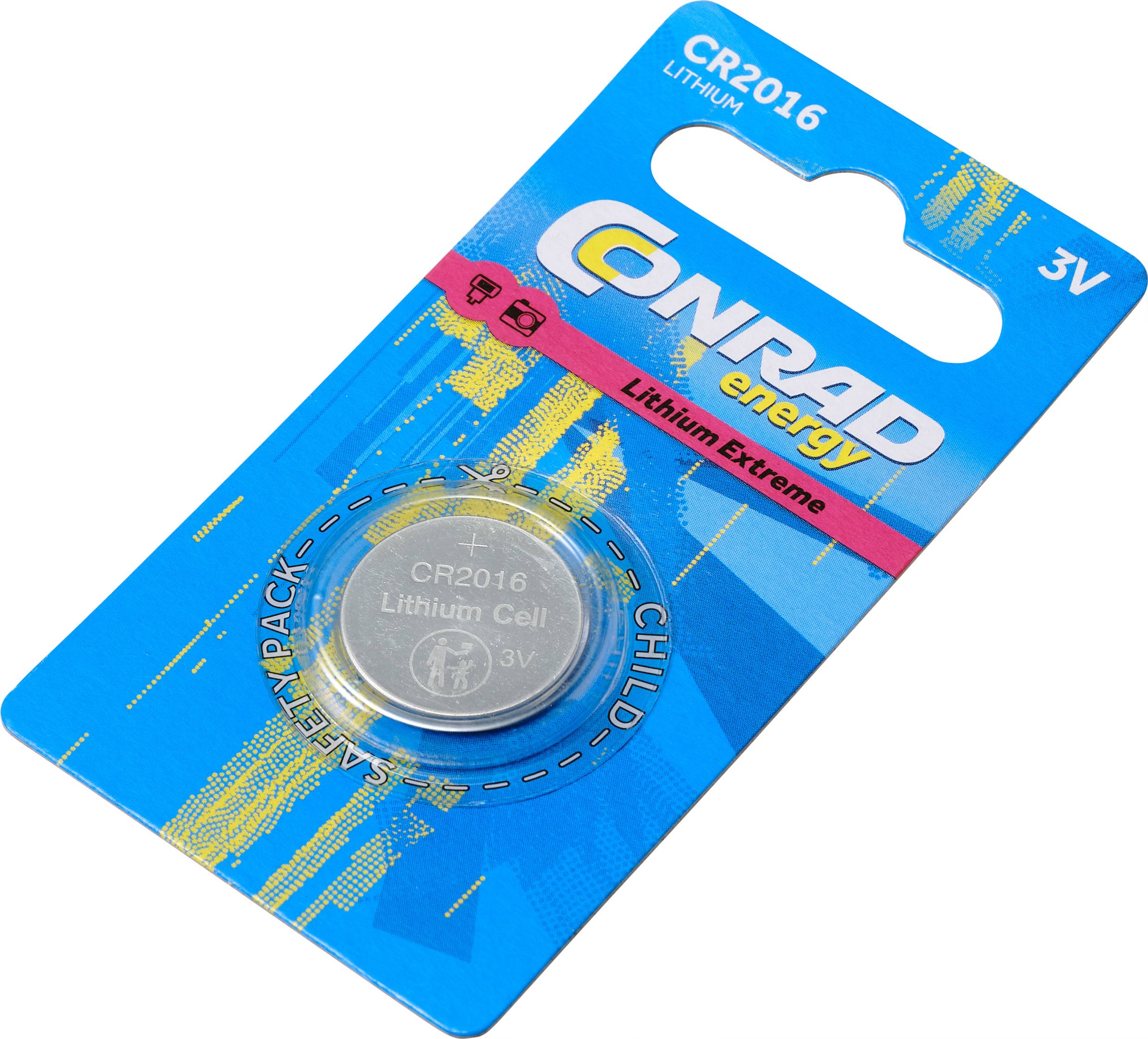 Batterieverpackung für CR2016 Lithiumzelle, 3V, von Conrad. Verpackung in Blau mit Markennamen und Sicherheitsinformationen.