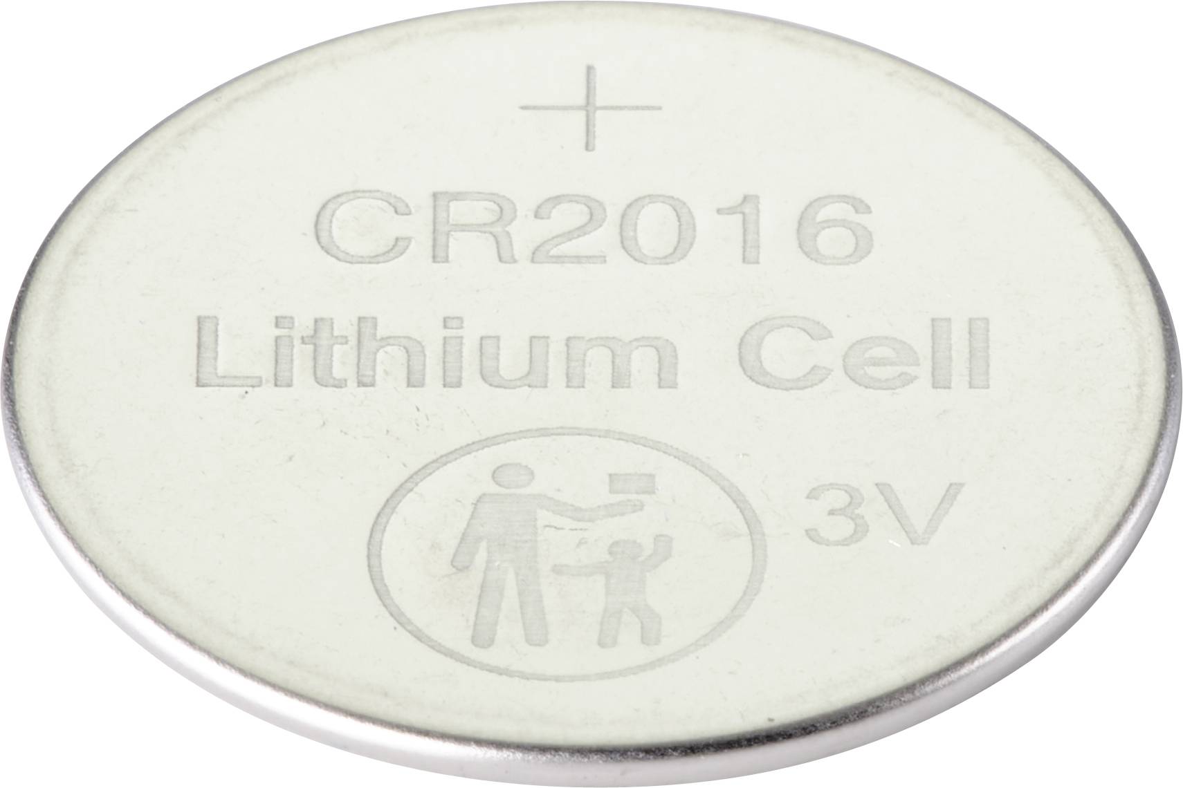 Runde, silberne Knopfzelle, beschriftet mit 'CR2016 Lithium Cell 3V'. Enthält Symbol: Erwachsener gibt Kind Batterie, als Warnhinweis.