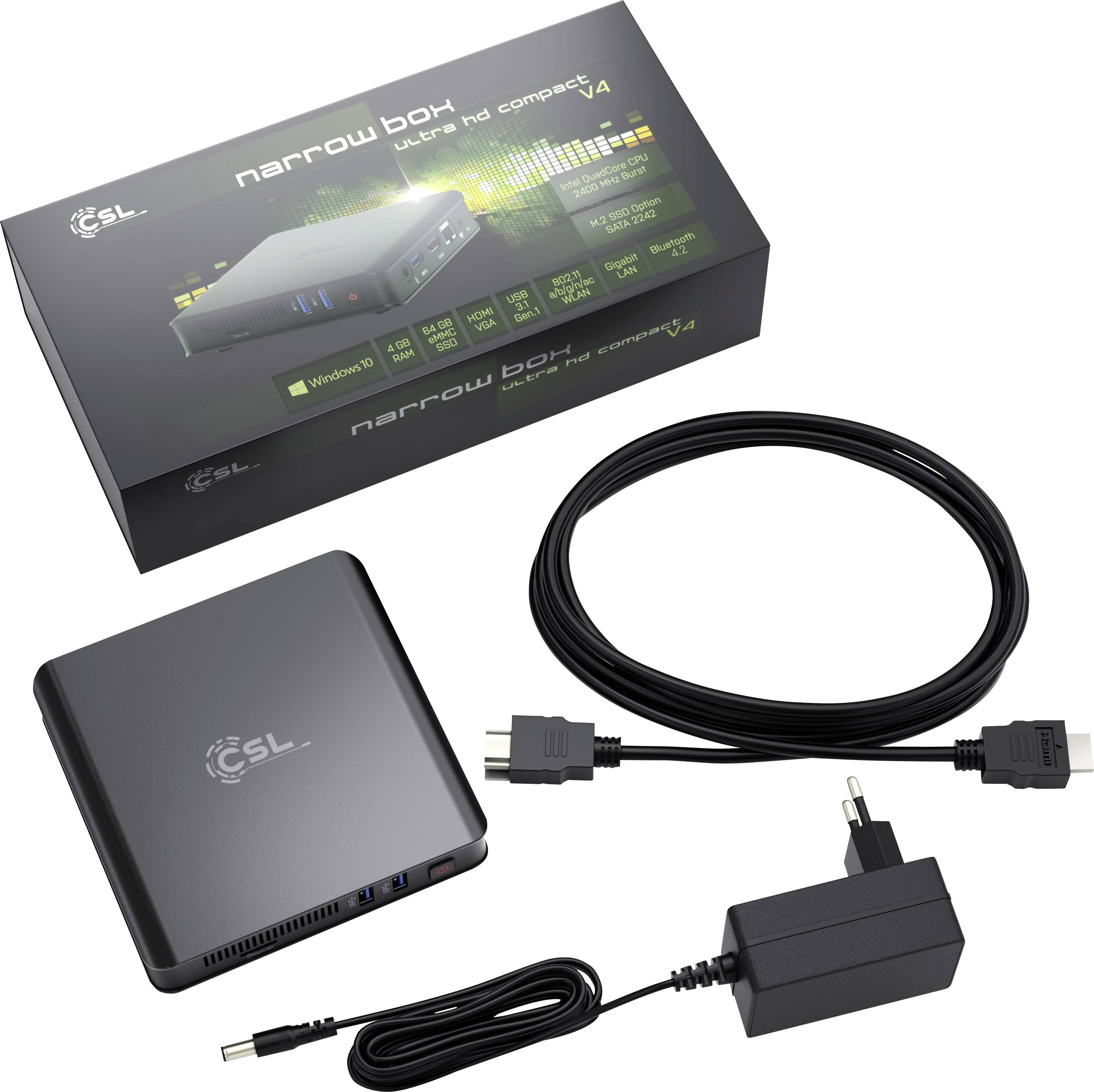 CSL Computer Narrow Box Ultra HD Compact v4 Mini PC Intel N4120 (4 x 1.1GHz / max. 2.6GHz) 512GB SSD Win 10 Pro