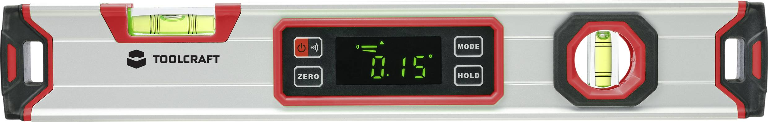 Wasserwaage mit digitalem Display zeigt '0,15' an. Seitlich sind zwei Libellen sichtbar. Geeignet für präzises Nivellieren.