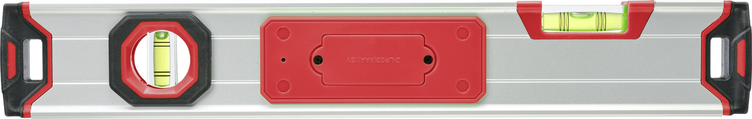 Wasserwaage mit drei Libellen zum Nivellieren von Oberflächen, rot-silbernes Design.