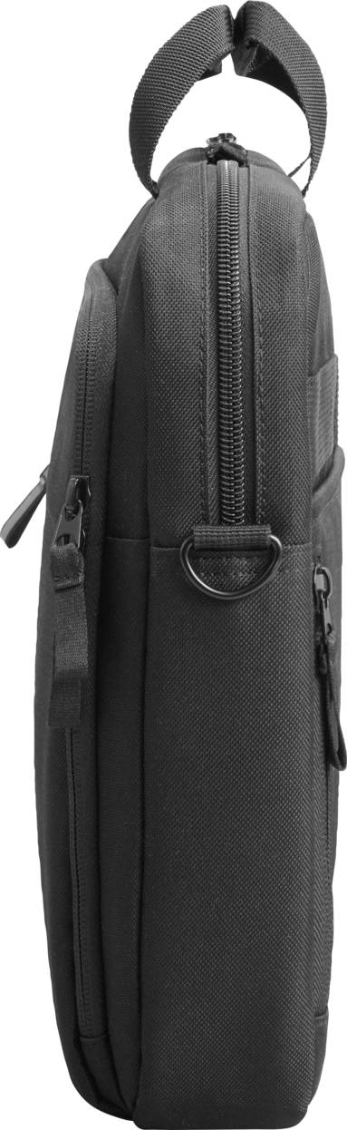 Schwarze, schlanke Laptoptasche mit Reißverschluss und Tragegriff, seitliche Ansicht.