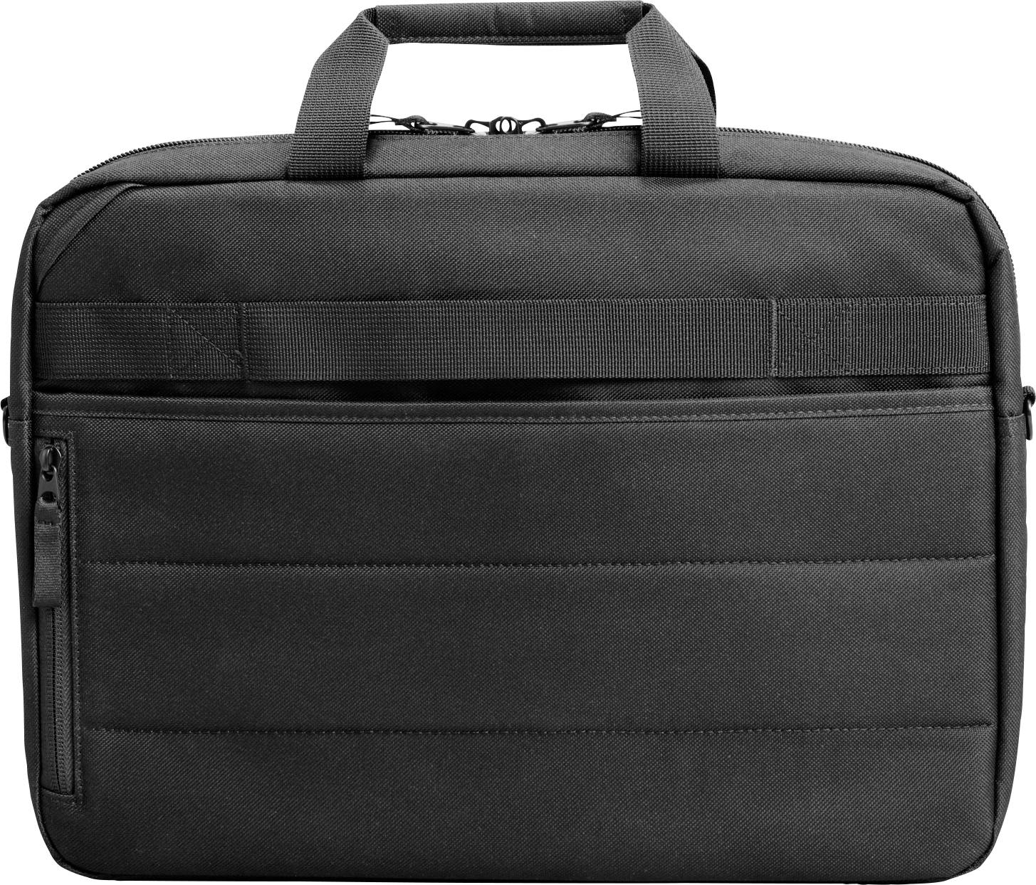 Schwarze Laptoptasche mit zwei kurzen Griffen und einem Reißverschlussfach auf der Vorderseite.