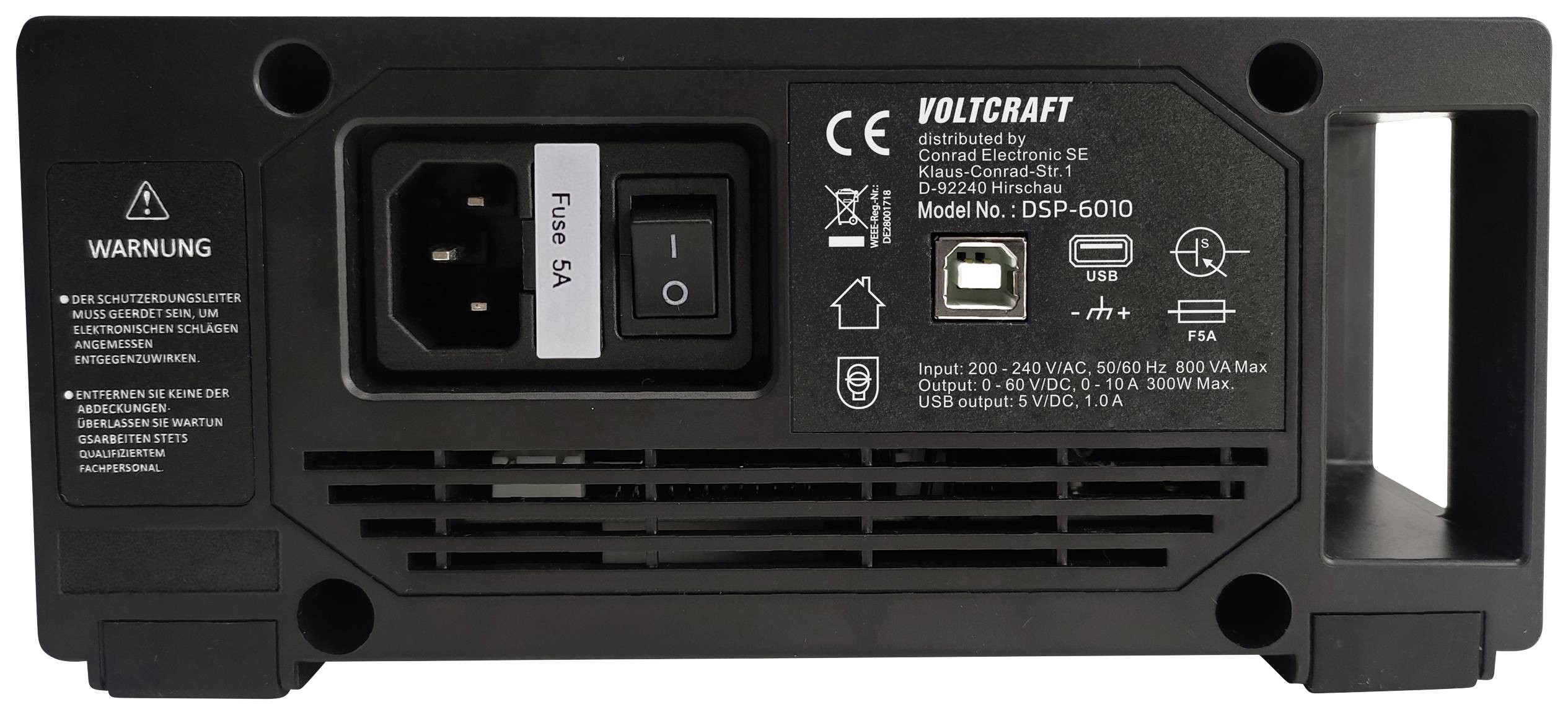 Rückseite eines Voltcraft Stromversorgungsgeräts mit Netzschalter, USB-Anschluss, Stromkabelanschluss und Sicherung.