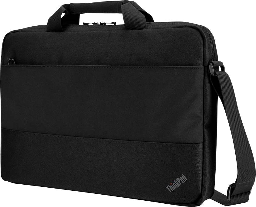Schwarze Laptoptasche mit Schultergurt und Tragegriff, rechteckige Form, schlichtes Design.