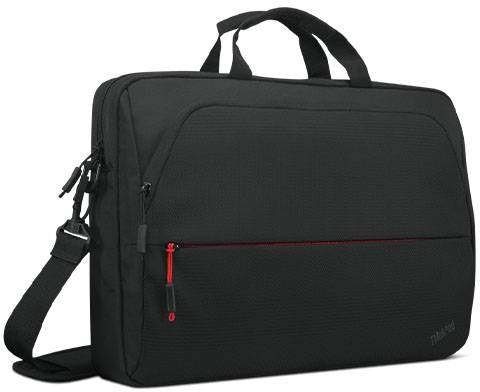 Schwarze Laptoptasche mit zwei Griffen und Schultergurt, vorne eine rote Reißverschlusstasche, schlichtes Design.