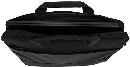 Schwarze Laptoptasche mit Reißverschluss, leicht geöffnet, zeigt Laptop-Fach. Geeignet für Transport und Schutz eines Laptops.