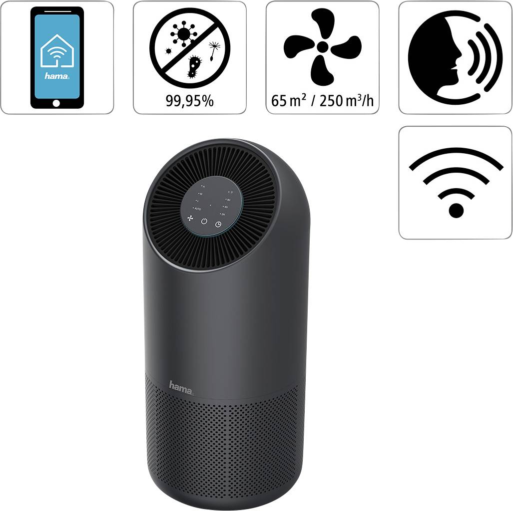 Schwarzer Hama Luftreiniger mit Touch-Bedienfeld, geeignet für Räume bis 65 m². Symbole zeigen App-Steuerung, 99,95% Filterung, Luftzirkulation und Sprachbefehl.