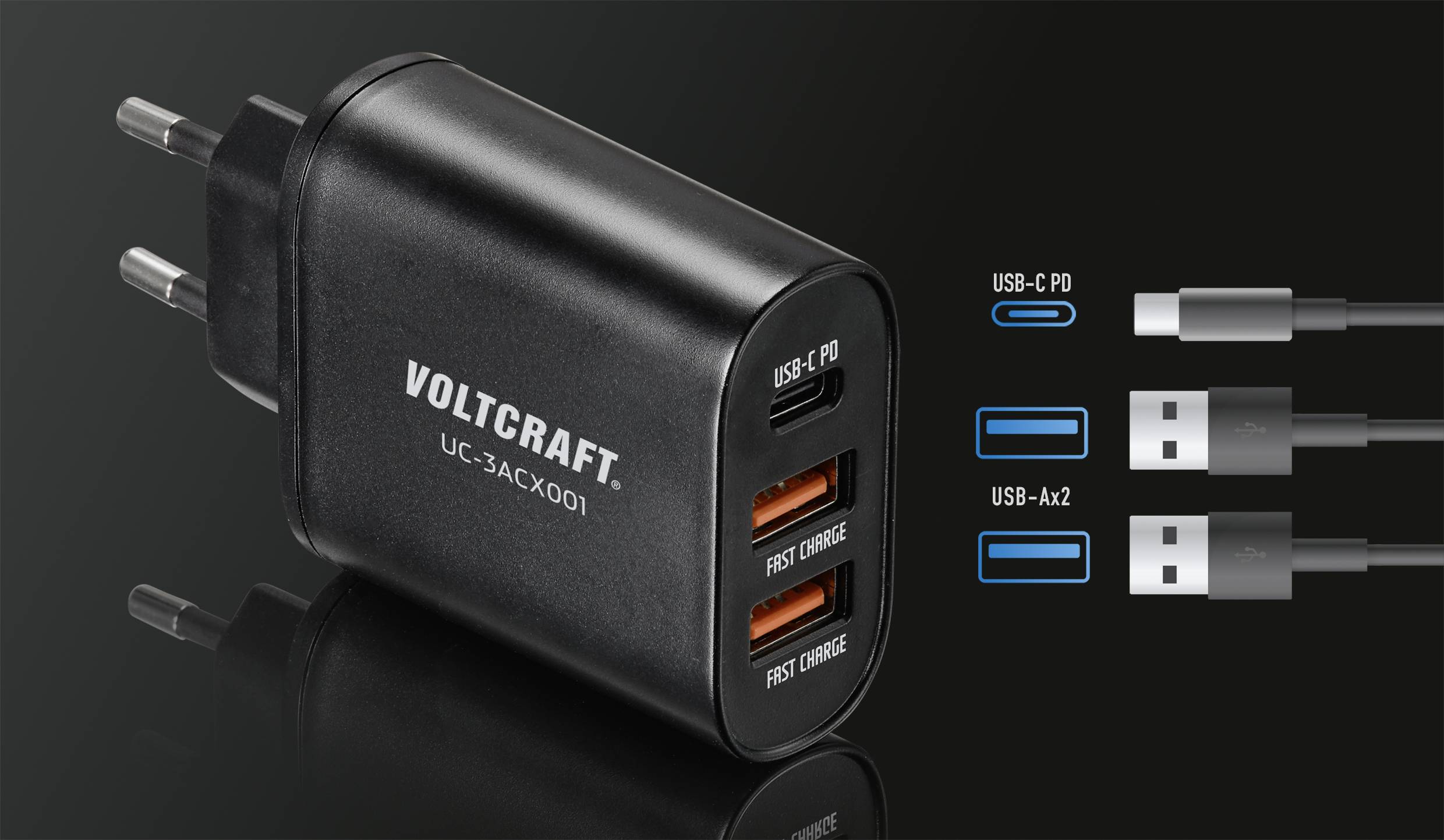 VOLTCRAFT UC-3ACX001 USB Ladegerät 38W 2x USB-A, 1x USB-C® USB PD Schwarz Innenbereich